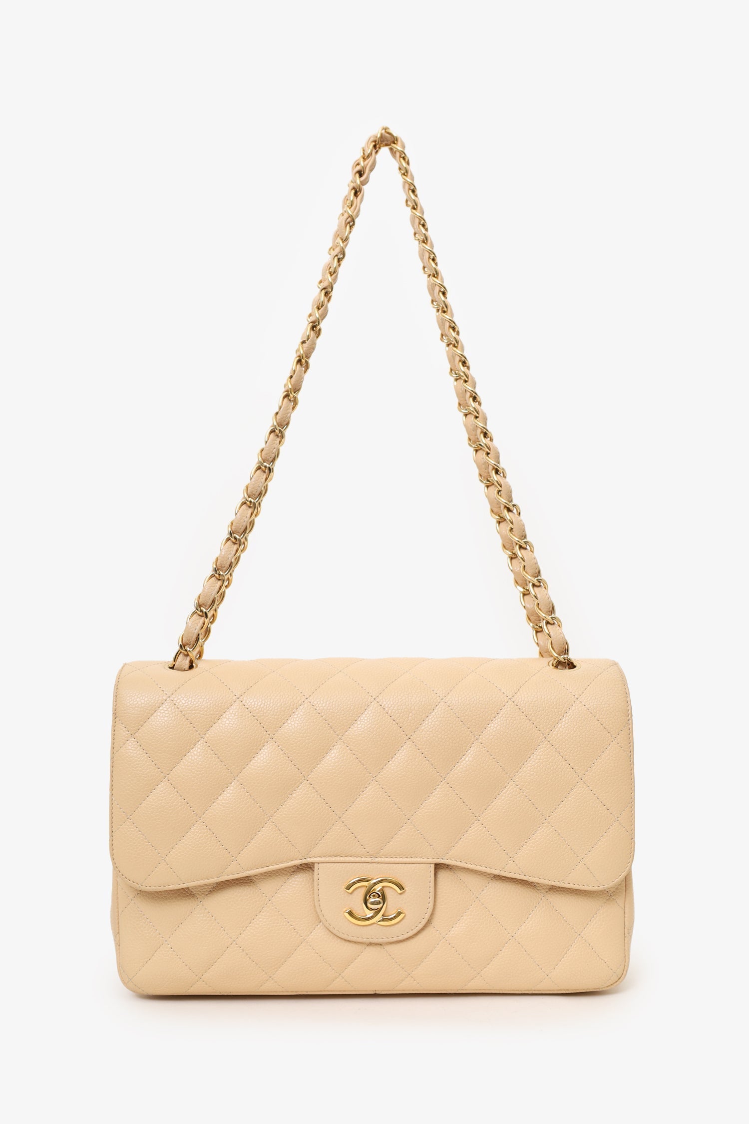 Pre-Loved Chanel™ 2010-11 Beige Caviar Leather Jumbo Classic Double Flap Bag