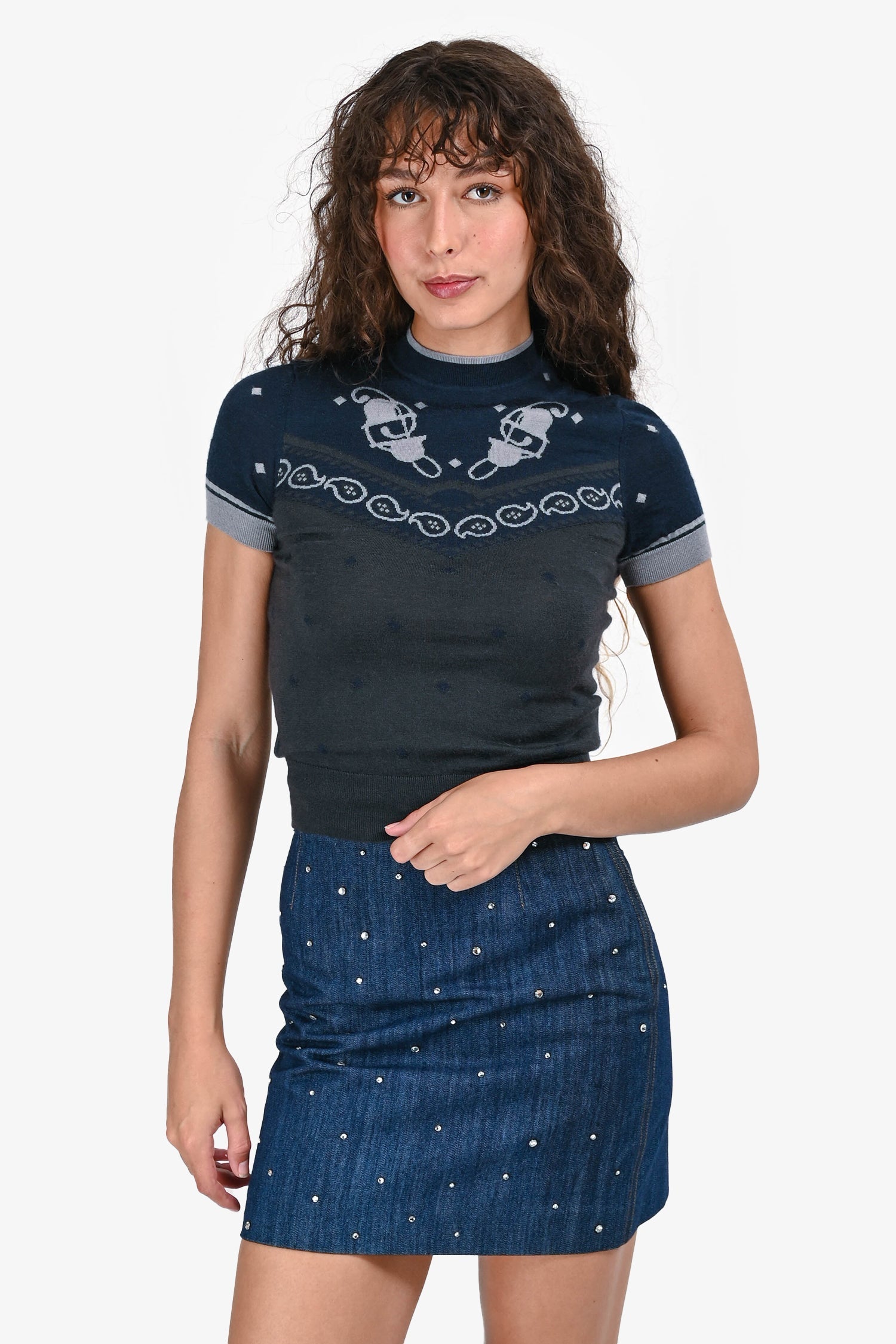 Hermès Navy/Grey Cashmere Knit Short Sleeves Fitted Sweater Top Size 34