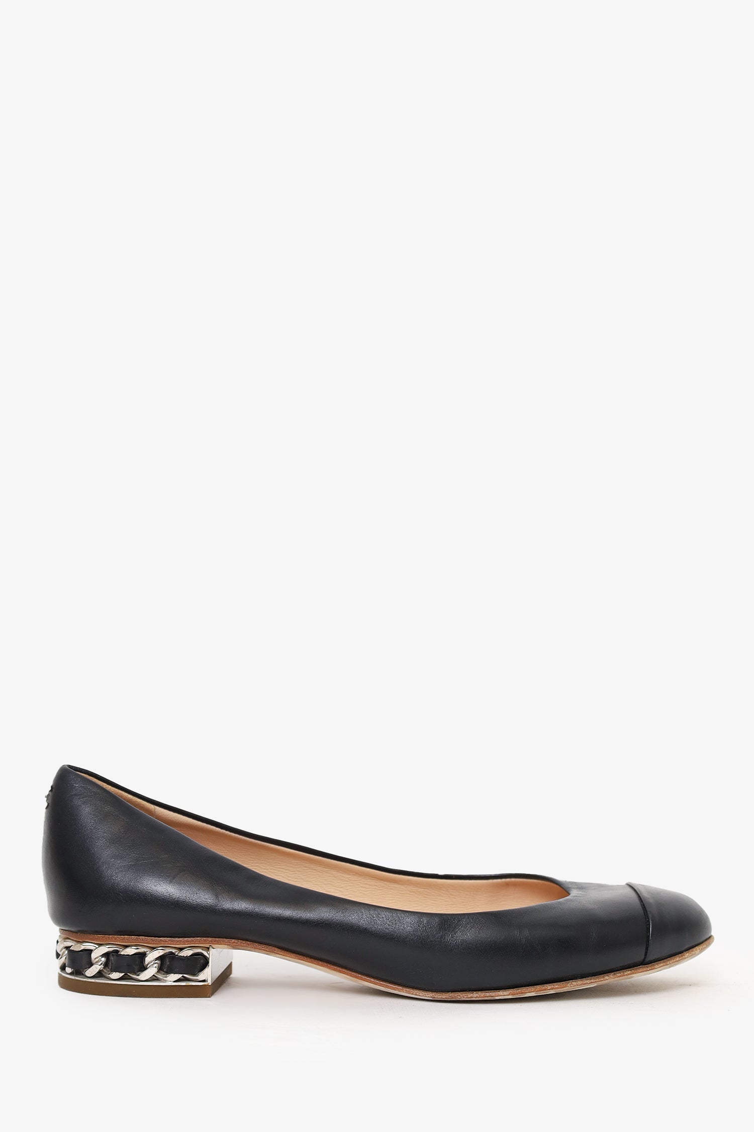 Pre-Loved Chanel™ Black Lambskin Leather Cap-Toe Chain Flats Size 36.5