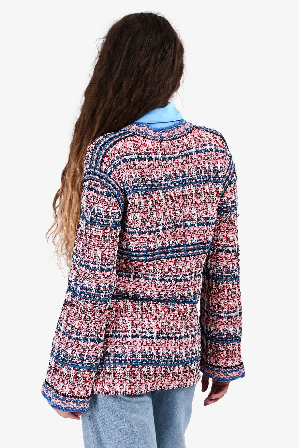 Pre-Loved Chanel™ Spring 2017 Pink/Blue Knit Tweed igan with Blue Rubber Trim Size 38 (As Is)