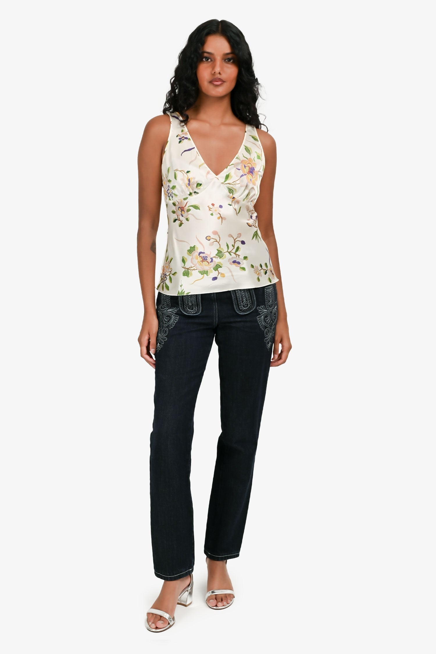 Pre-Loved Chanel™ 2015 Paris-Salzburg Indigo Blue Denim Embroidered Skinny Jeans Size 38