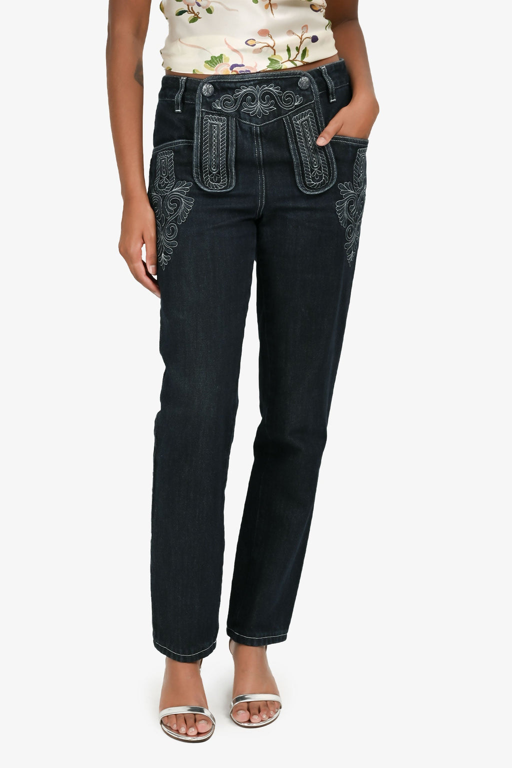 Pre-Loved Chanel™ 2015 Paris-Salzburg Indigo Blue Denim Embroidered Skinny Jeans Size 38
