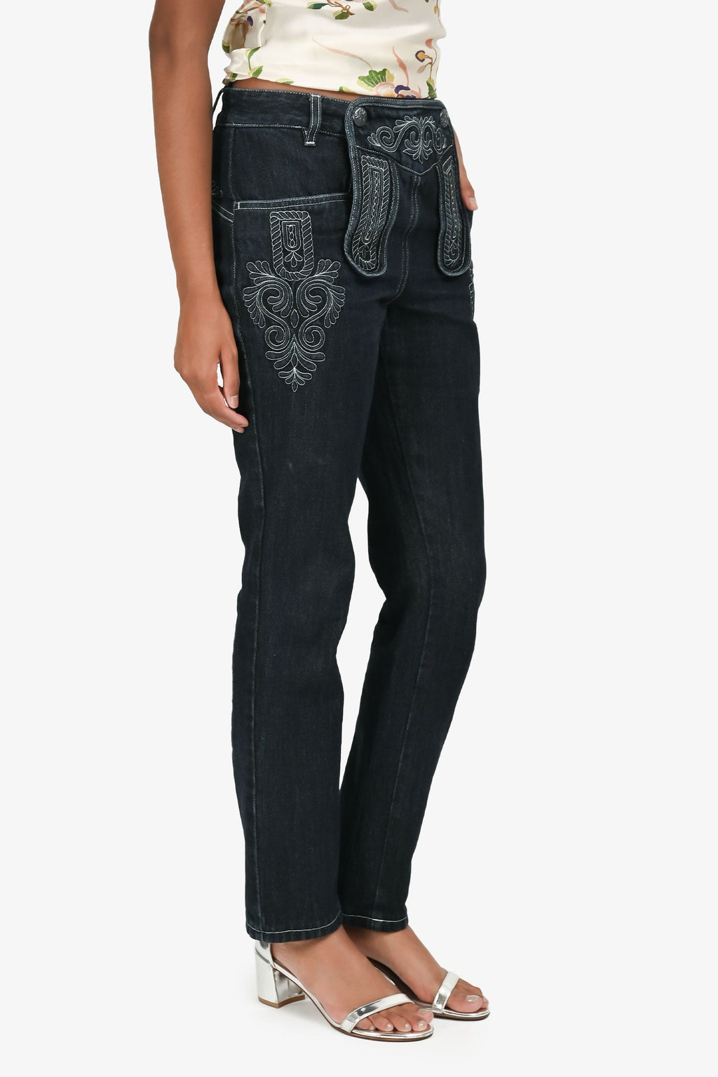 Pre-Loved Chanel™ 2015 Paris-Salzburg Indigo Blue Denim Embroidered Skinny Jeans Size 38