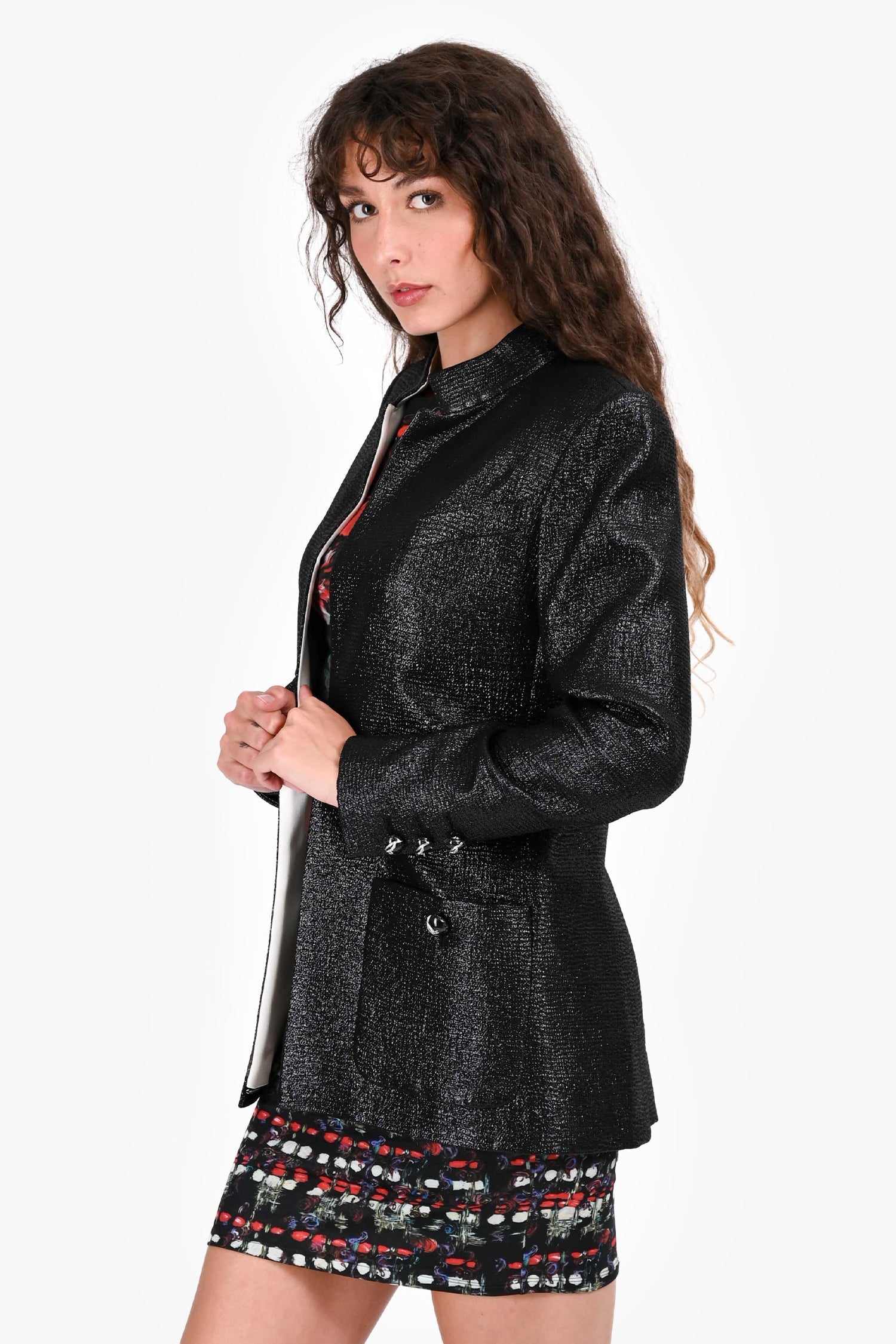 Pre-Loved Chanel™ 2020 Black Metallic Wool Mandarin Collar Blazer Size 38