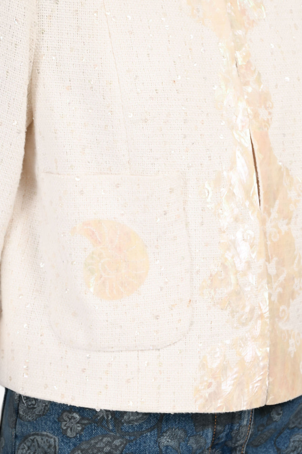 Pre-Loved Chanel™ 2012 Cream Sequin Tweed Seashell Mosaic Jacket Size FR 40