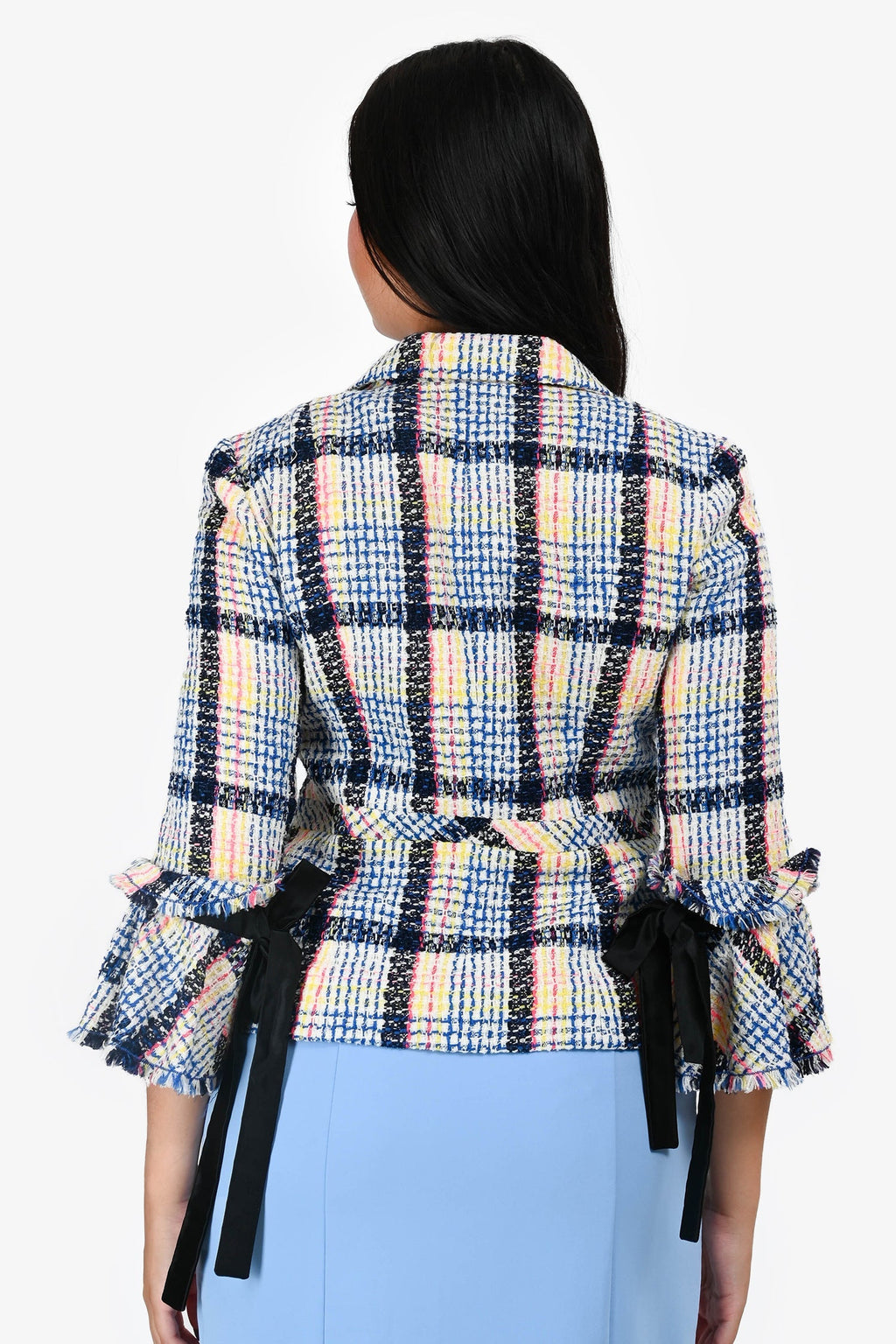 Pre-Loved Chanel™ 2009 Blue Wool Blend Tweed Blazer with Tie Sleeve Cuff Size 40