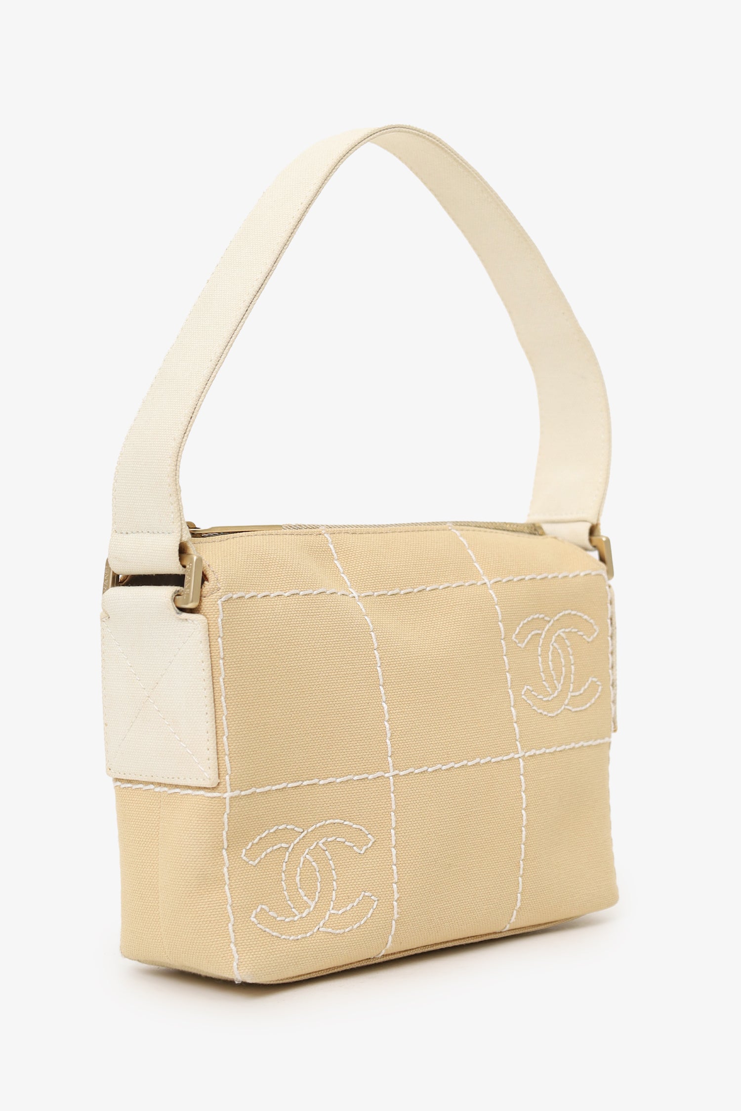 Pre-Loved Chanel™ 2003-04 Beige Canvas Chocolate Bar Mini Pochette