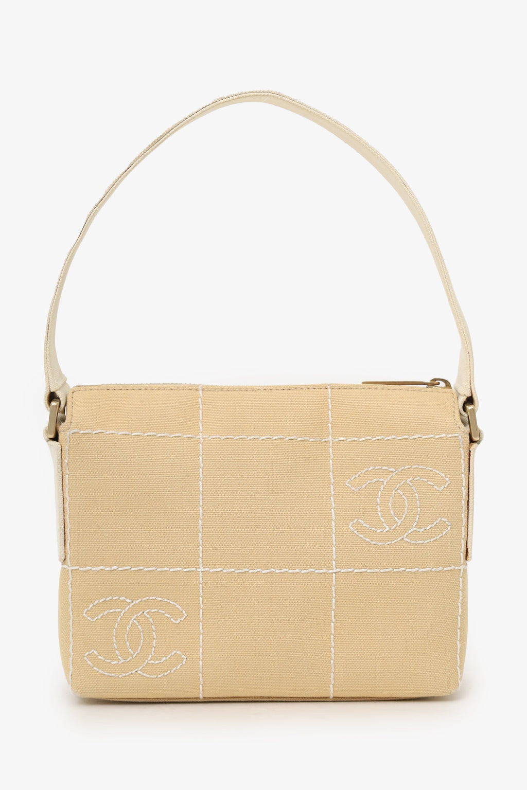 Pre-Loved Chanel™ 2003-04 Beige Canvas Chocolate Bar Mini Pochette