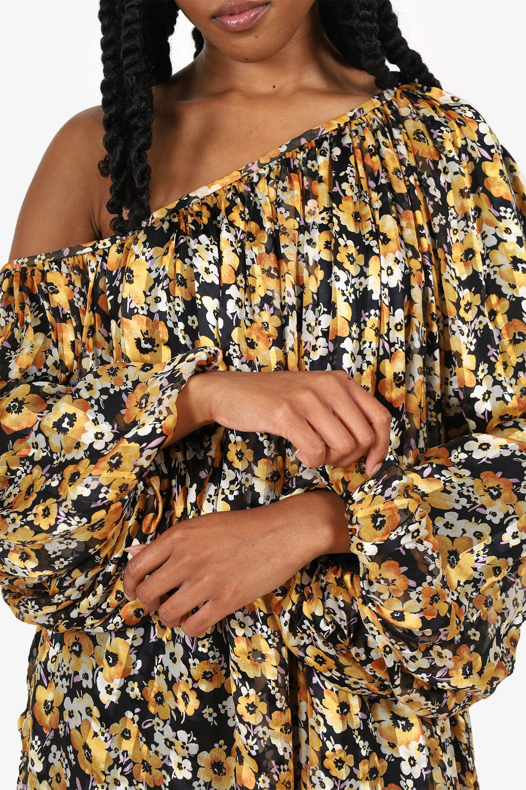Saint Laurent Black/Yellow Silk Floral Print Puff Sleeve Mini Dress Size 40