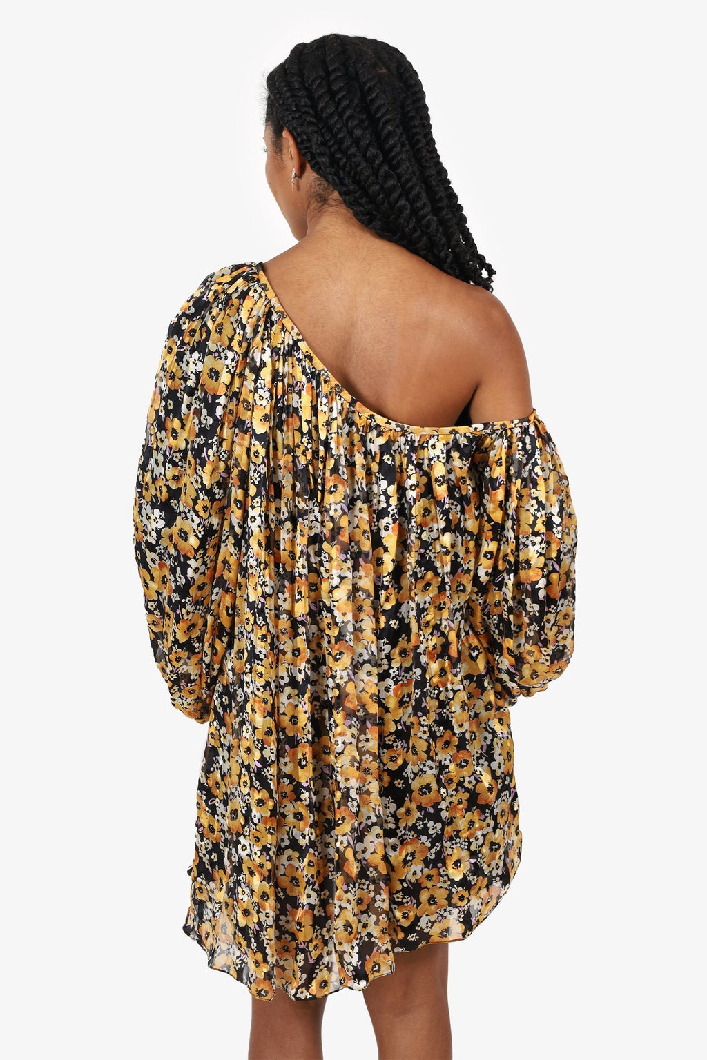 Saint Laurent Black/Yellow Silk Floral Print Puff Sleeve Mini Dress Size 40