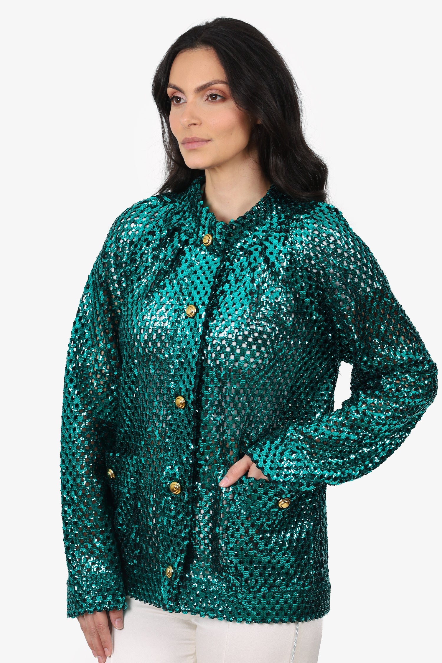 Gucci Green Sequin Gold Button Jacket Size S