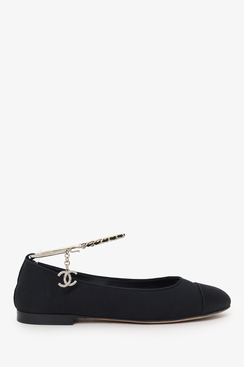 Pre-Loved Chanel™ Black Cap Toe Ankle 'CC' Chain Strap Ballet Flats Size 37