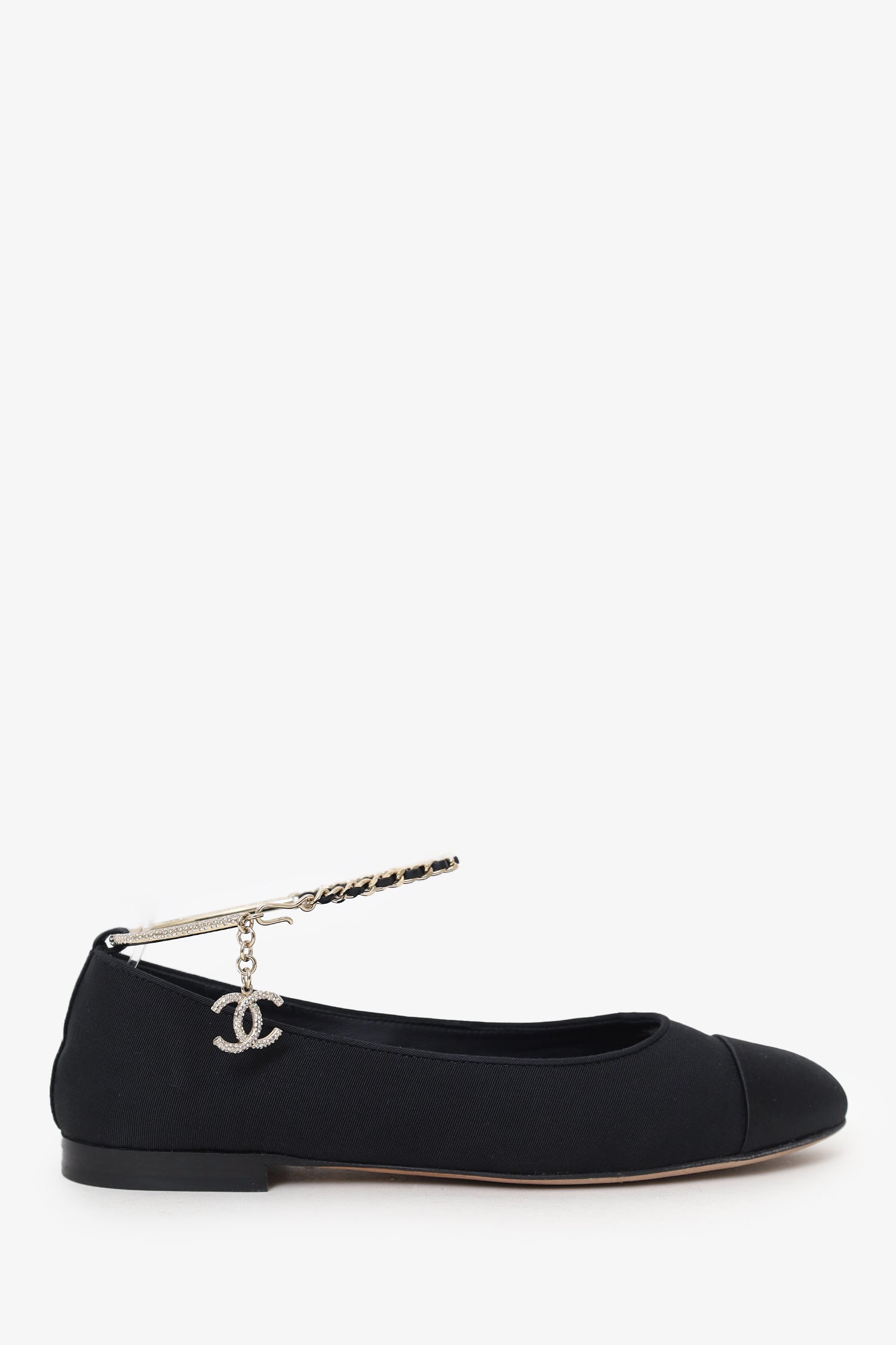 Pre-Loved Chanel™ Black Cap Toe Ankle 'CC' Chain Strap Ballet Flats Size 37