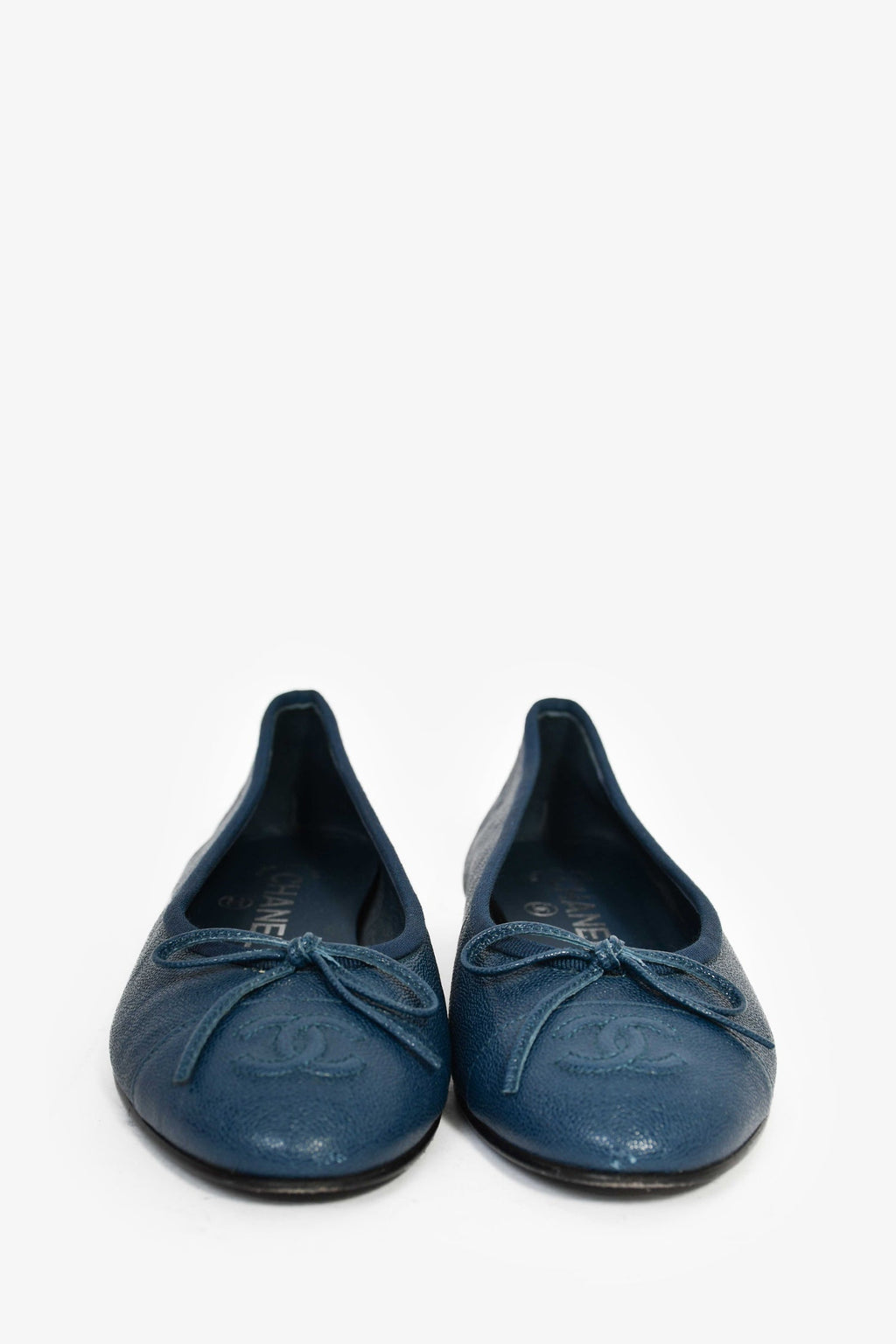 Pre-Loved™ Chanel Teal Glossy Leather CC Ballet Flats Size 35