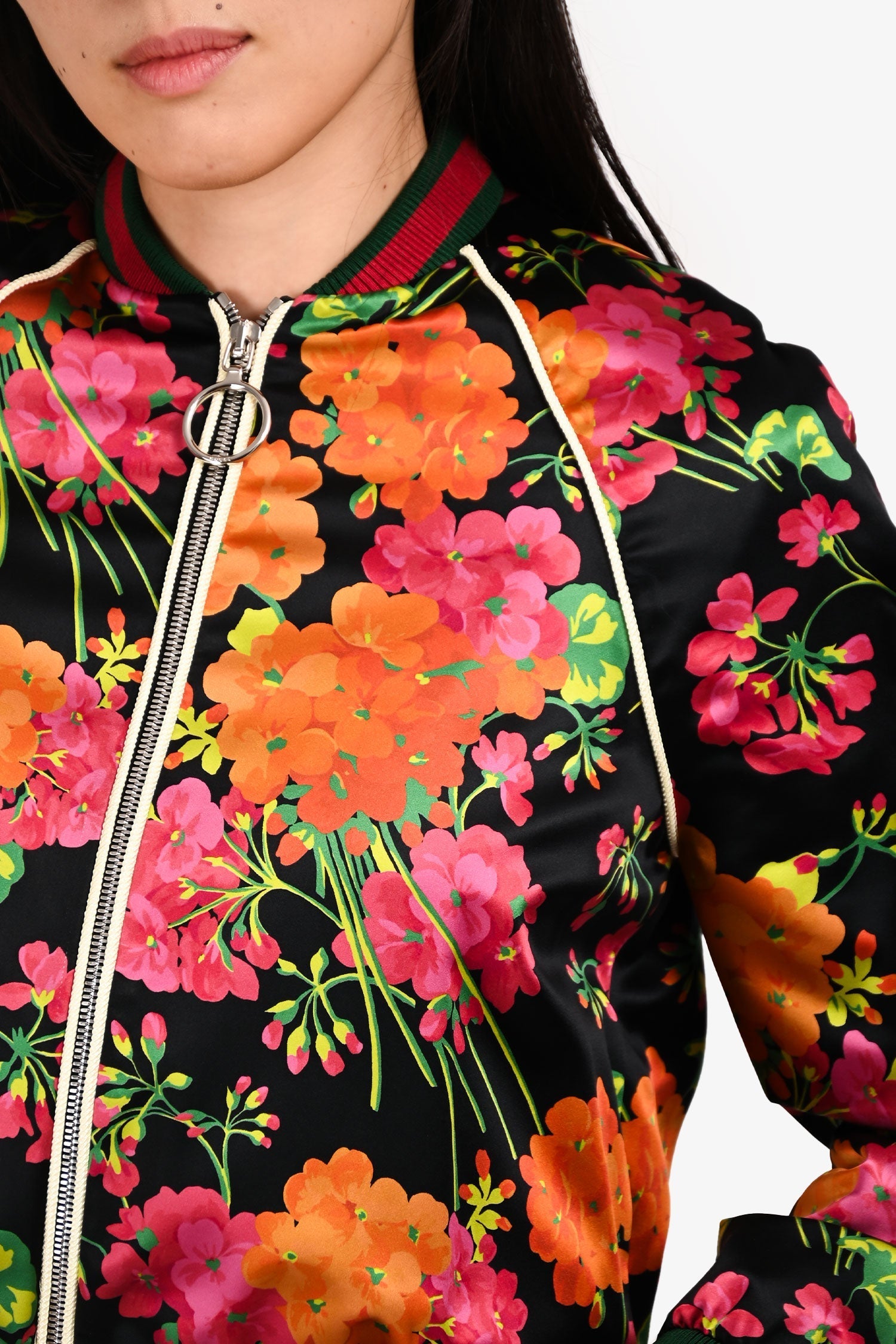 Gucci Black/Multi Floral Silk Zip-Up Bomber Jacket Size 38