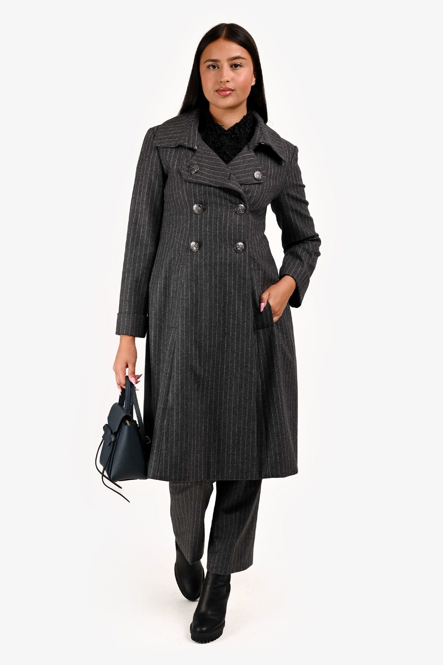 Pre-Loved Chanel™ 2018 Grey Wool Pinstripe Trench Coat Size 38