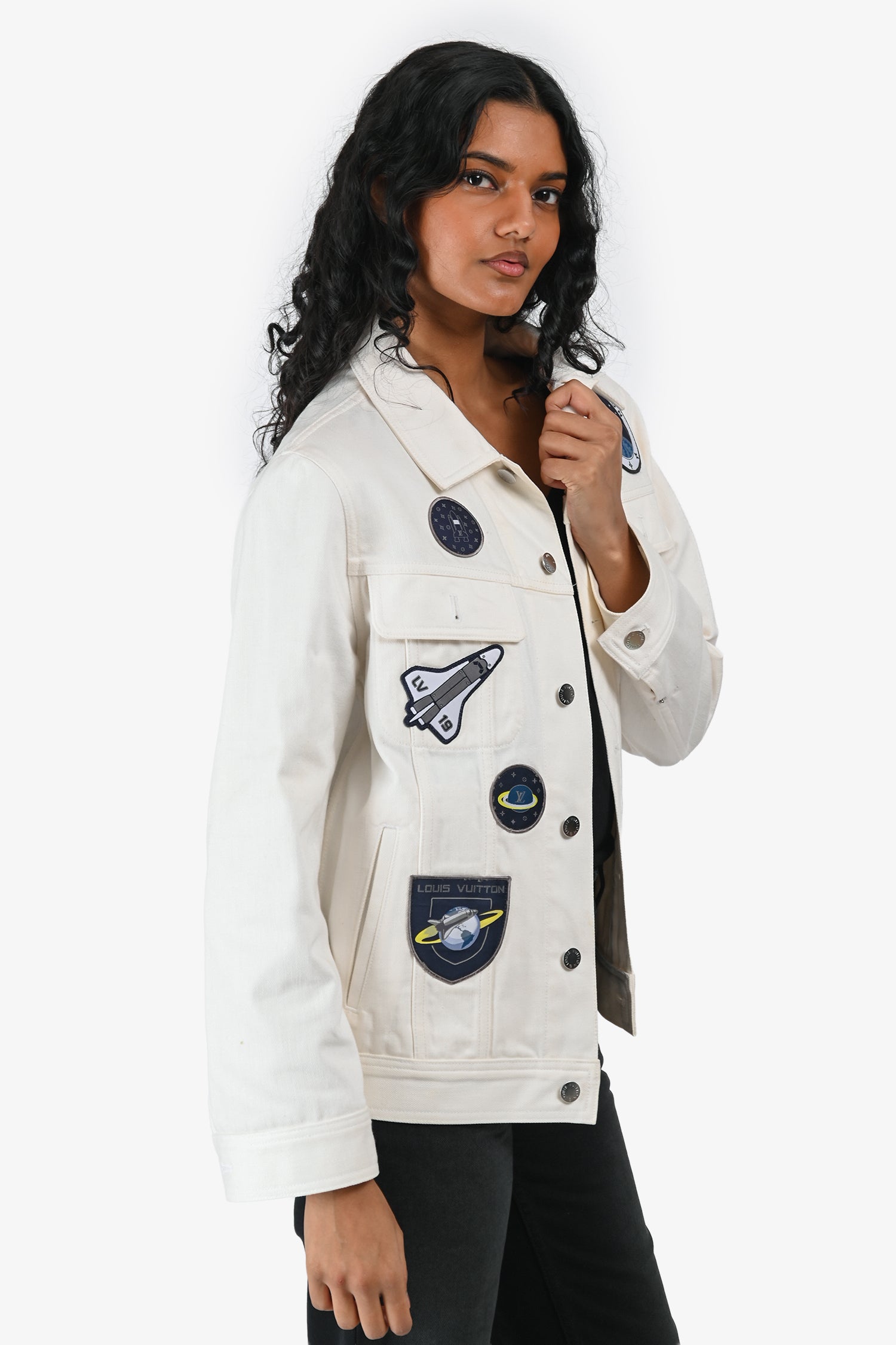 Louis Vuitton 2019 White Denim Space Theme Patchwork Jacket Size 46 Mens