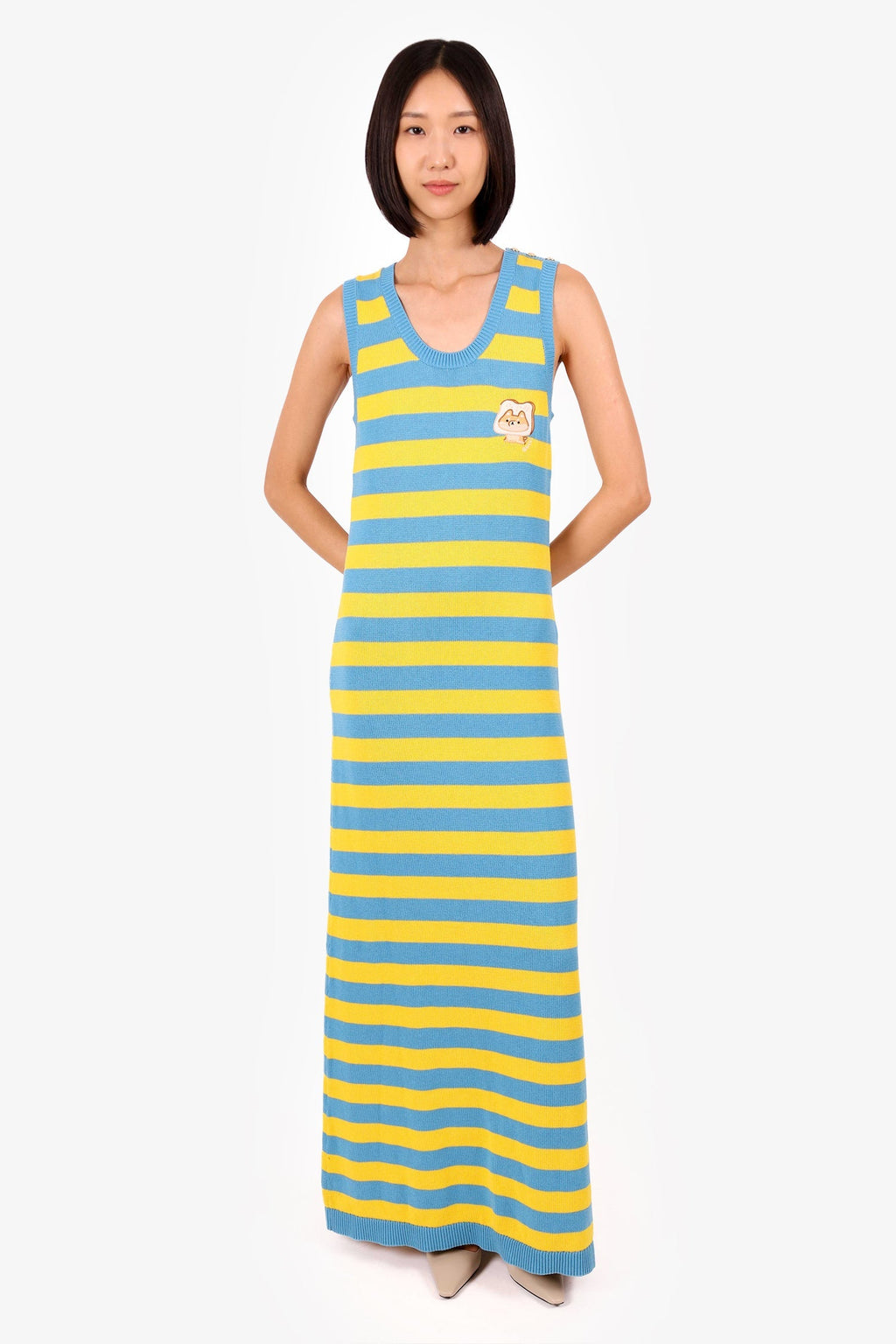 Gucci Blue/Yellow Striped Dog Patch Sleeveless Maxi Dress Size M