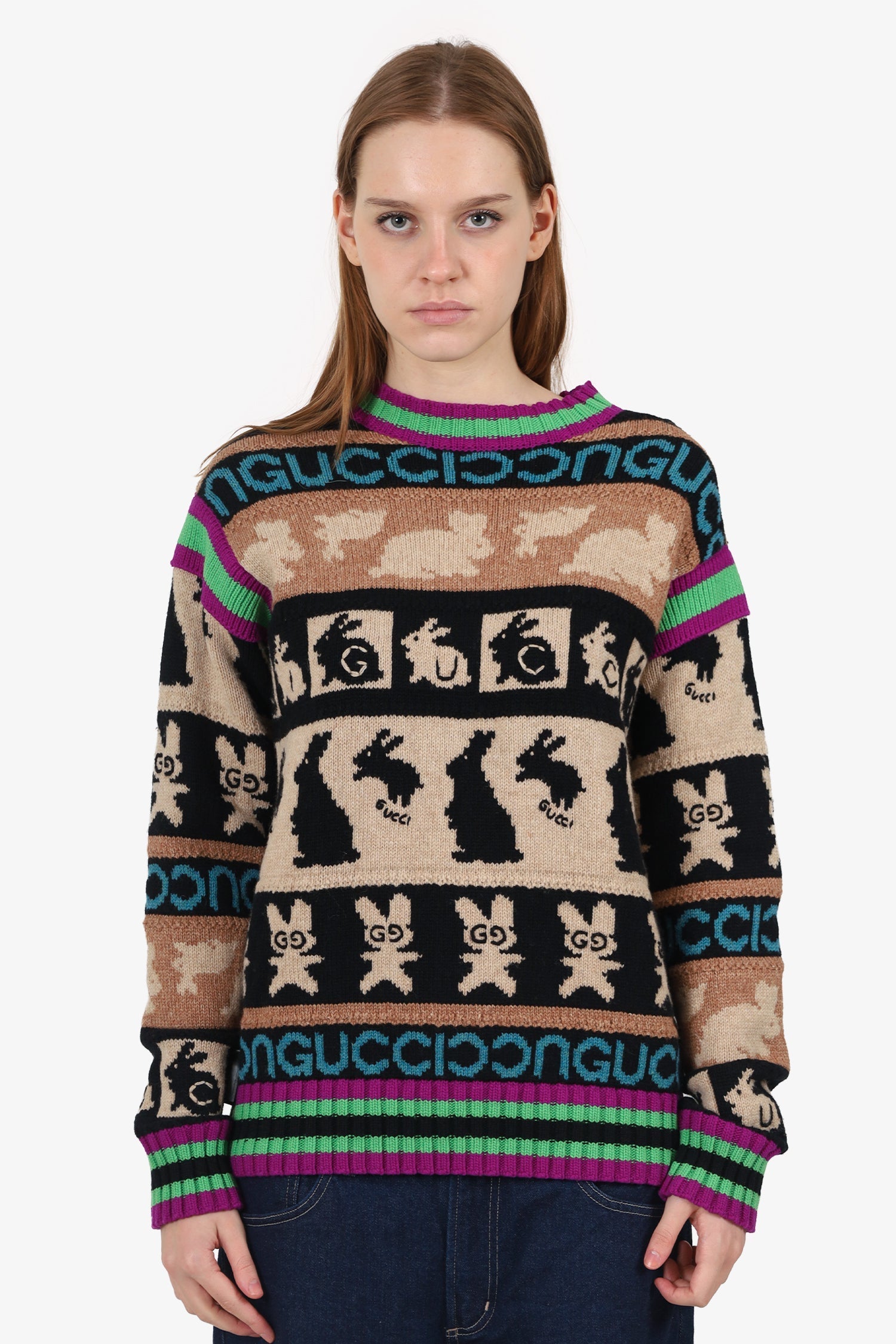 Gucci Multicolour Wool Rabbit Logo Jacquard Sweater Size XS