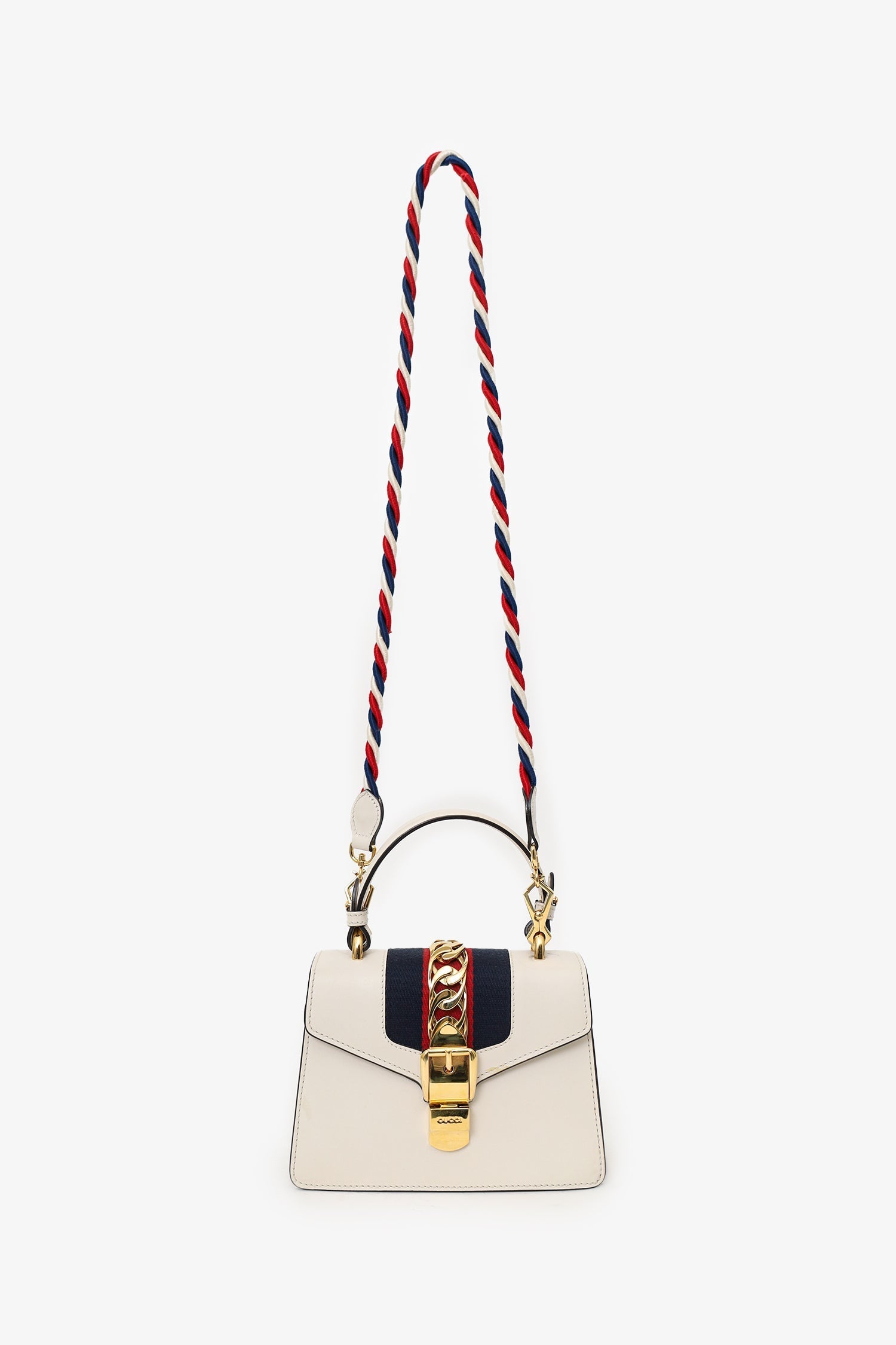 Gucci White Leather Small Web Detail Sylvie Bag with Straps