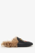 Gucci Black Leather Crystal Embellished Fur Princeton Slip-On Loafers Size 37
