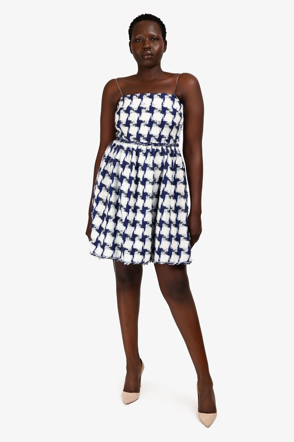 Pre-Loved Chanel™ Blue/White Metallic Knit Tweed Mini Dress Size 36