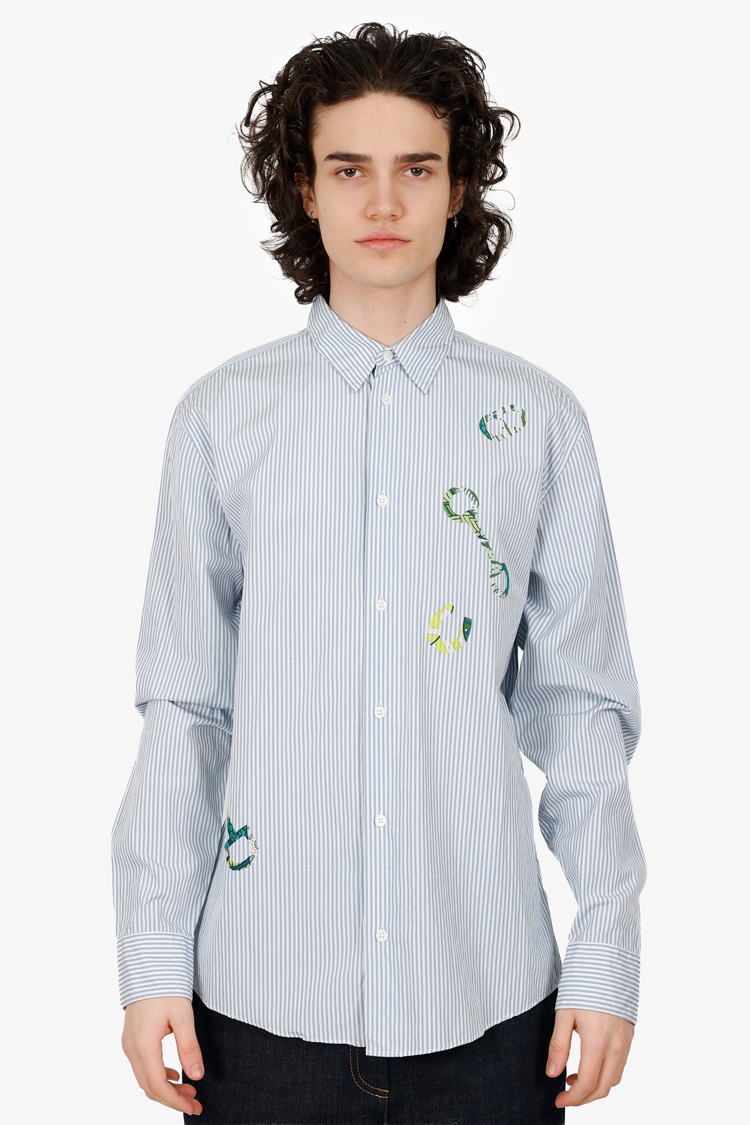 Hermès Blue/White Striped Horsebit Print Long Sleeve Shirt Size 39 Mens