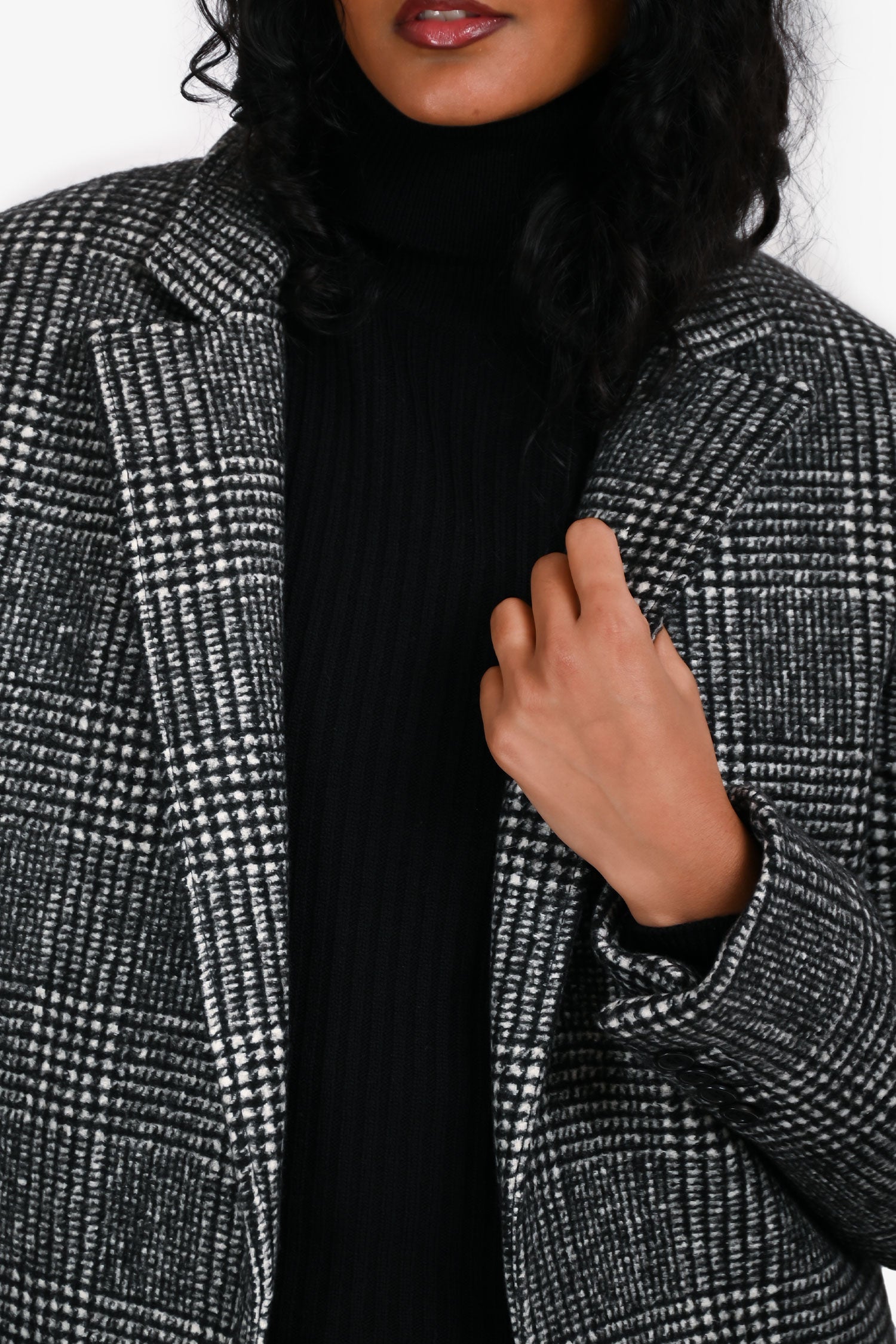 Saint Laurent Black/White Wool Check Coat Size 34