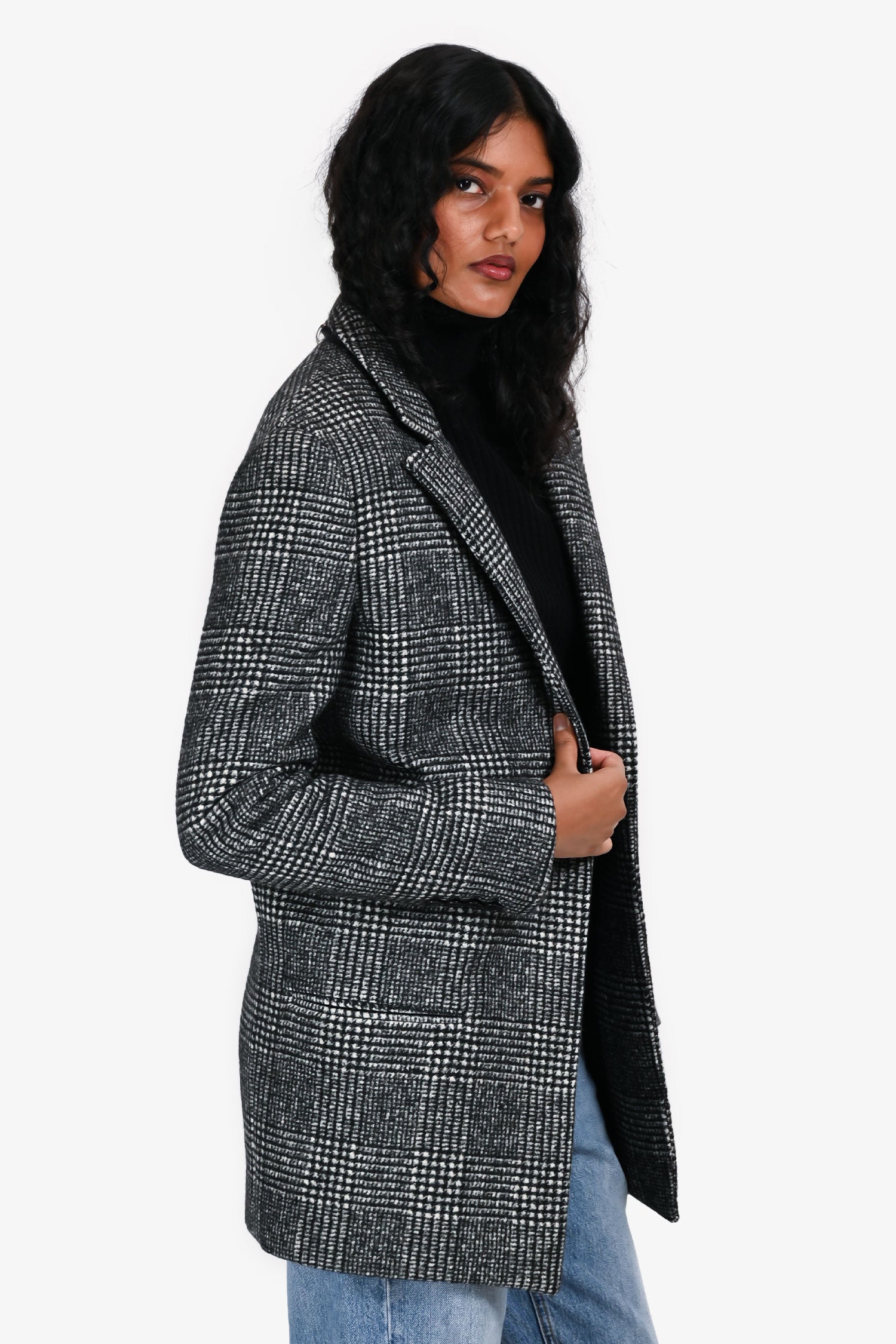 Saint Laurent Black/White Wool Check Coat Size 34