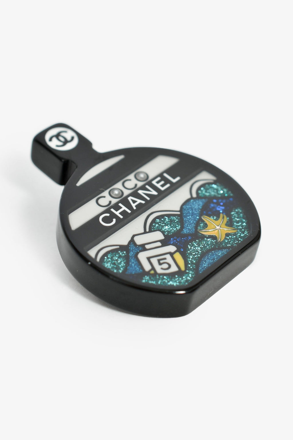 Pre-Loved Chanel™ Black/White Glitter Resin Perfume Bottle Brooch
