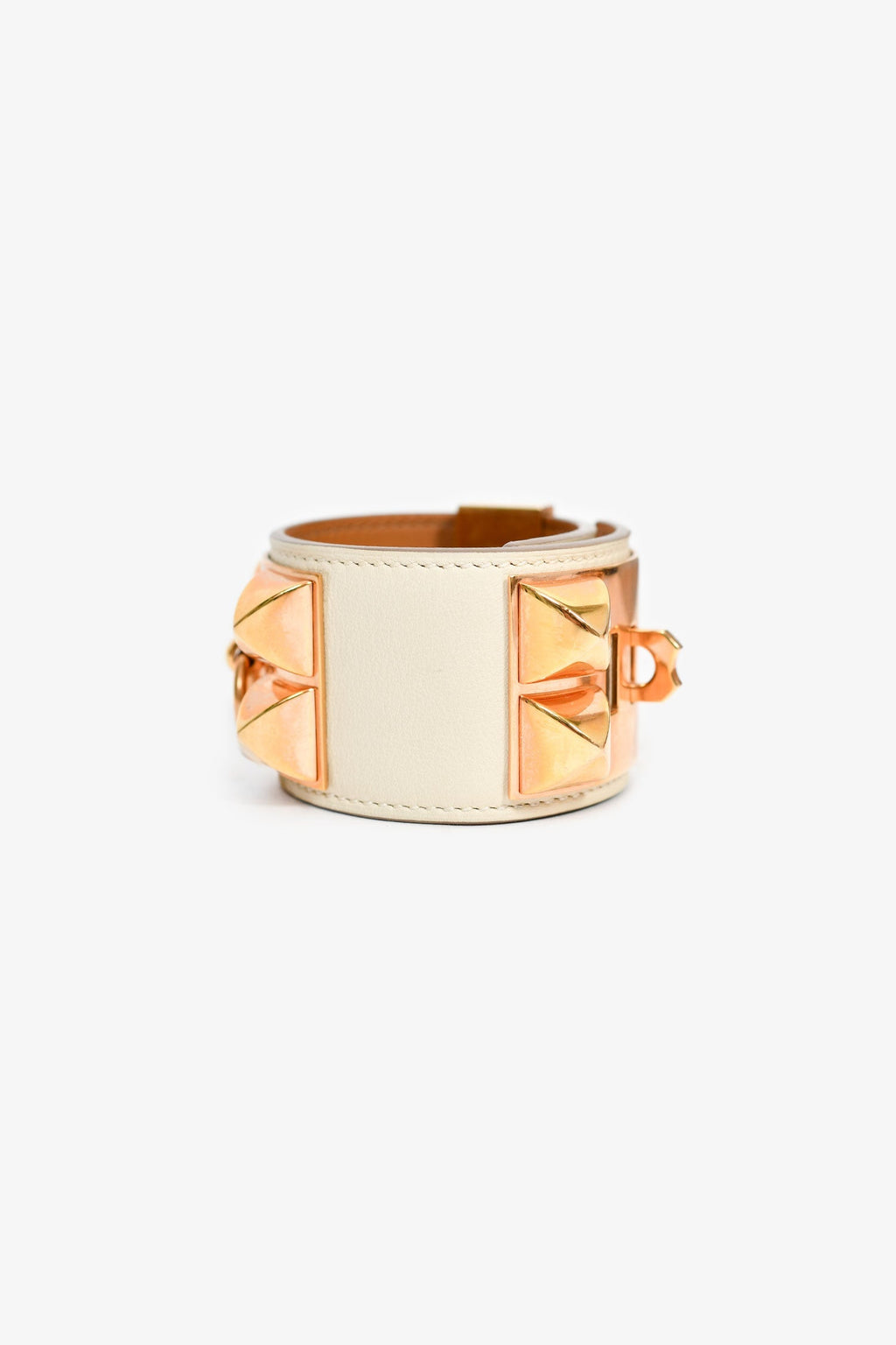 Hermès 2015 White Leather Gold Tone 'Collier de Chien' Bracelet
