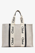 Chloe Beige Fabric Black Leather Trim Logo Woody Large Tote
