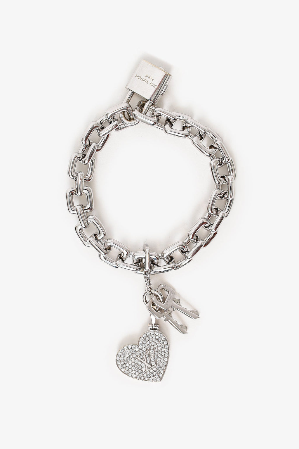 Louis Vuitton 18K White Gold/Pave Diamond Heart Tag Chain Bracelet