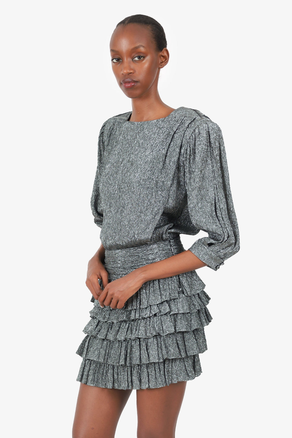 Saint Laurent Silver Metallic Ruffled Tiered Mini Dress Size 38