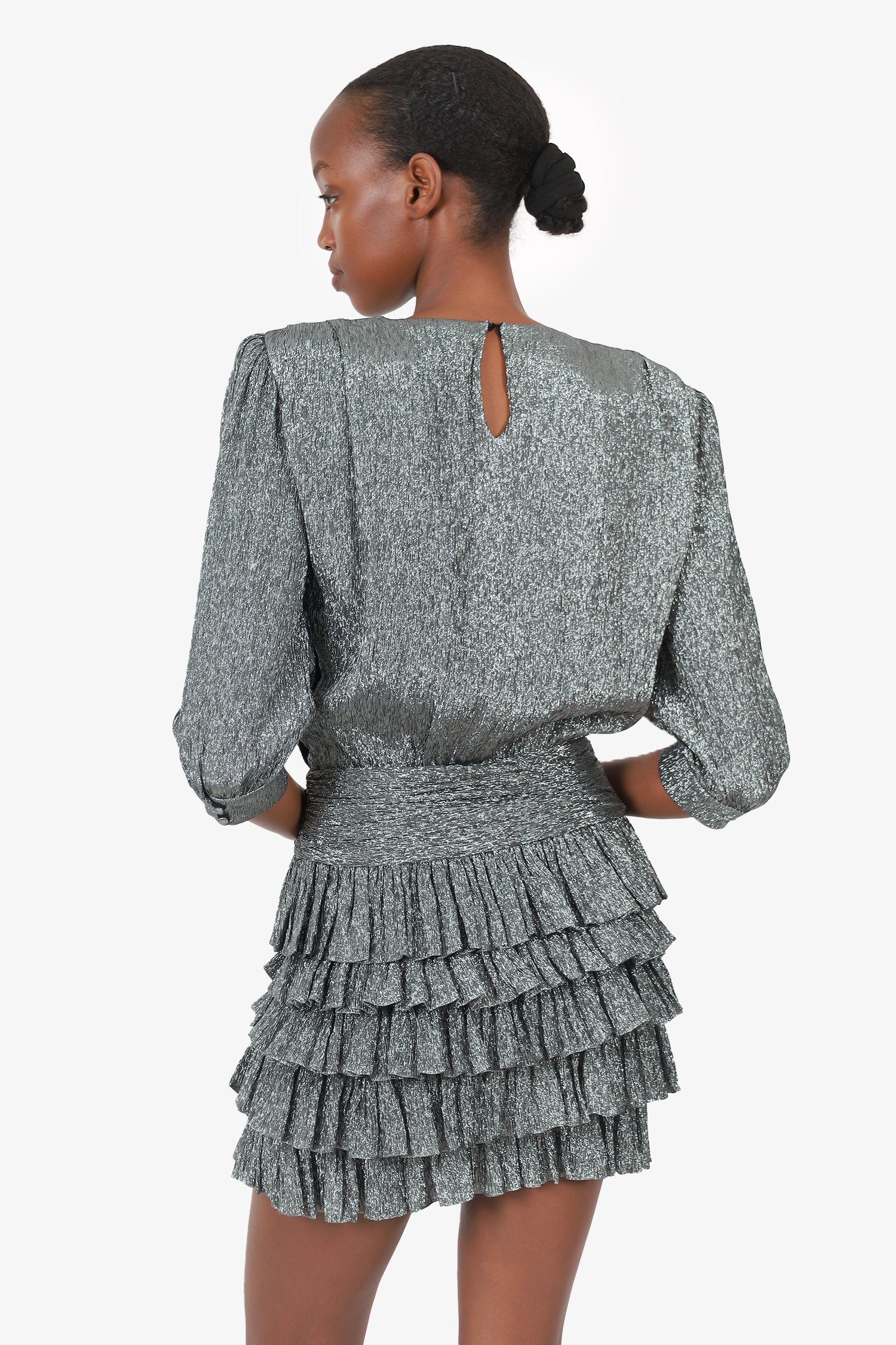 Saint Laurent Silver Metallic Ruffled Tiered Mini Dress Size 38