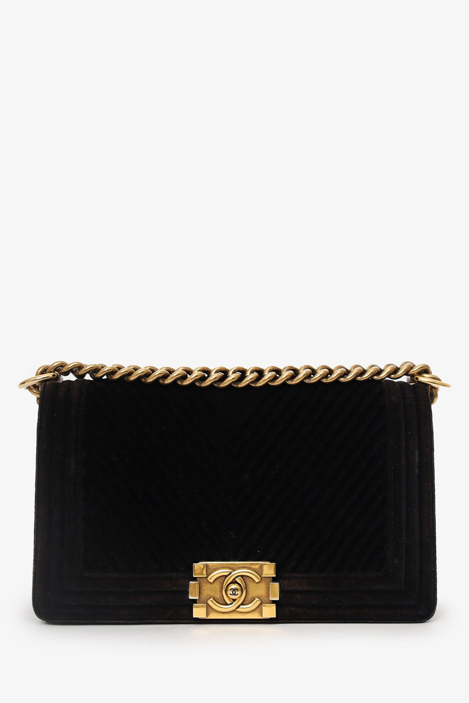 Pre-Loved Chanel™ 2017 Black/Brown Velvet Medium Chevron Boy Bag