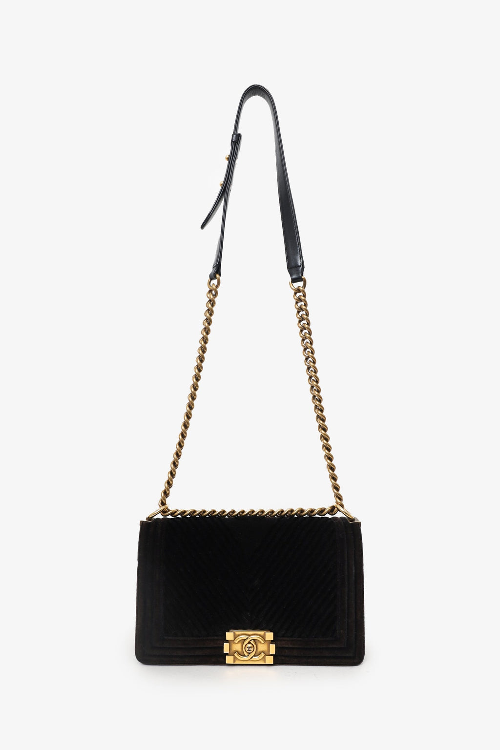 Pre-Loved Chanel™ 2017 Black/Brown Velvet Medium Chevron Boy Bag