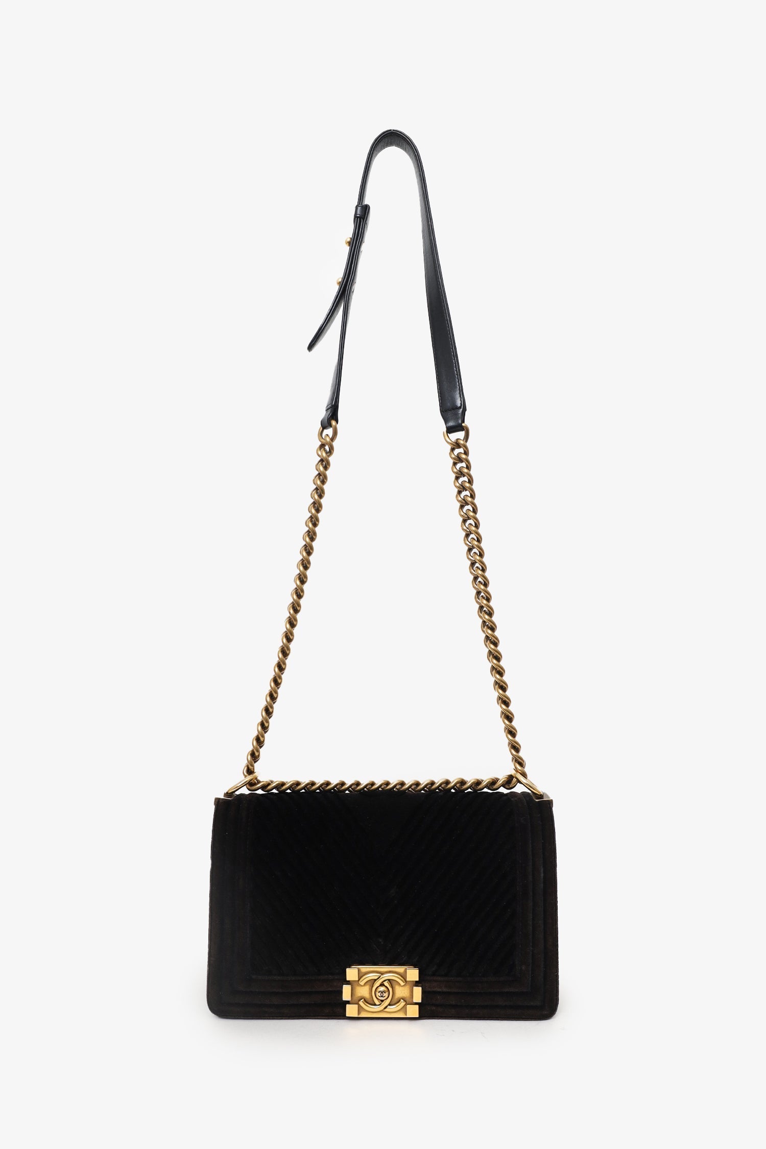 Pre-Loved Chanel™ 2017 Black/Brown Velvet Medium Chevron Boy Bag