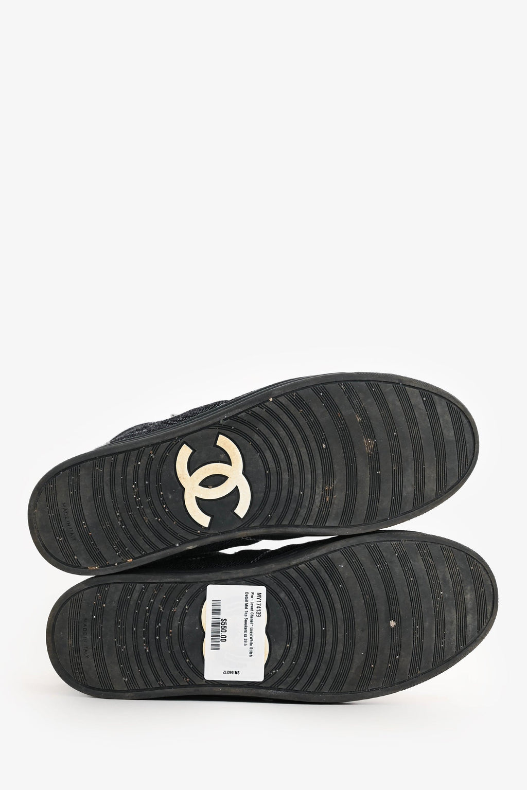 Pre-Loved Chanel™ Grey/White Stitch Detail Mid Top Sneakers Size 39.5