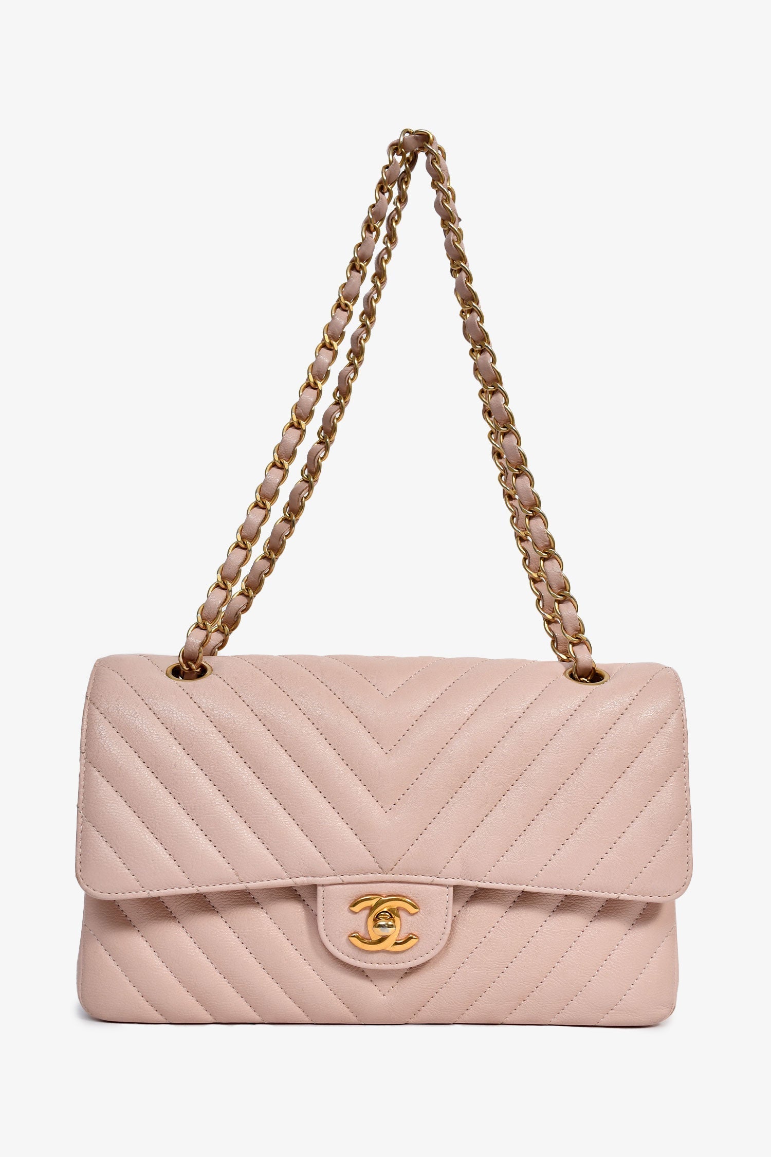Pre-Loved Chanel™ 2016-17 Pink Calfskin Chevron Medium Double Flap Shoulder Bag