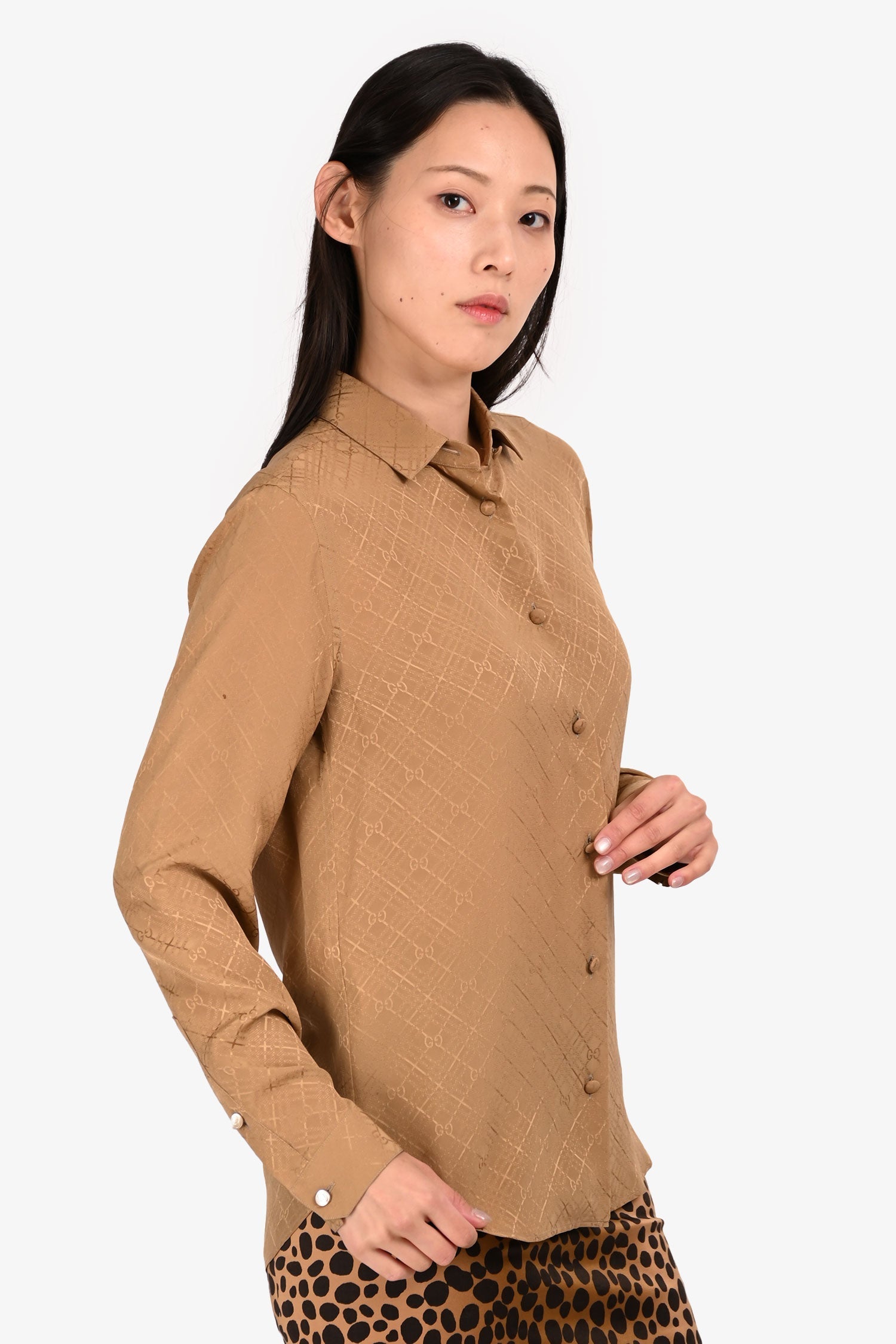 Gucci Brown Silk Monogram Button Down Shirt Size 38