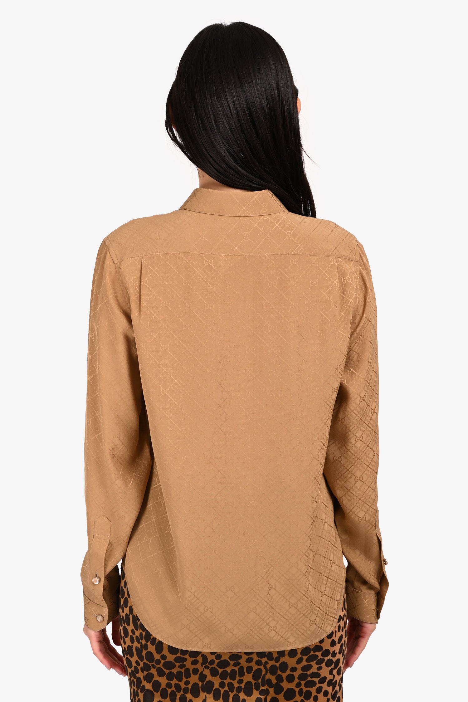 Gucci Brown Silk Monogram Button Down Shirt Size 38