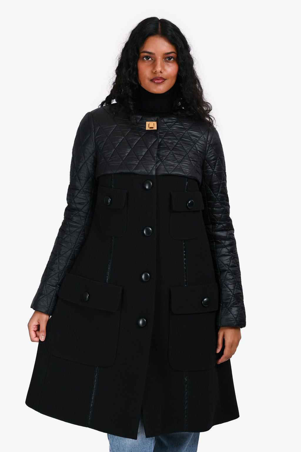 Louis Vuitton Black Quilted Nylon/Fabric Gold Metal Twist Coat Size 36