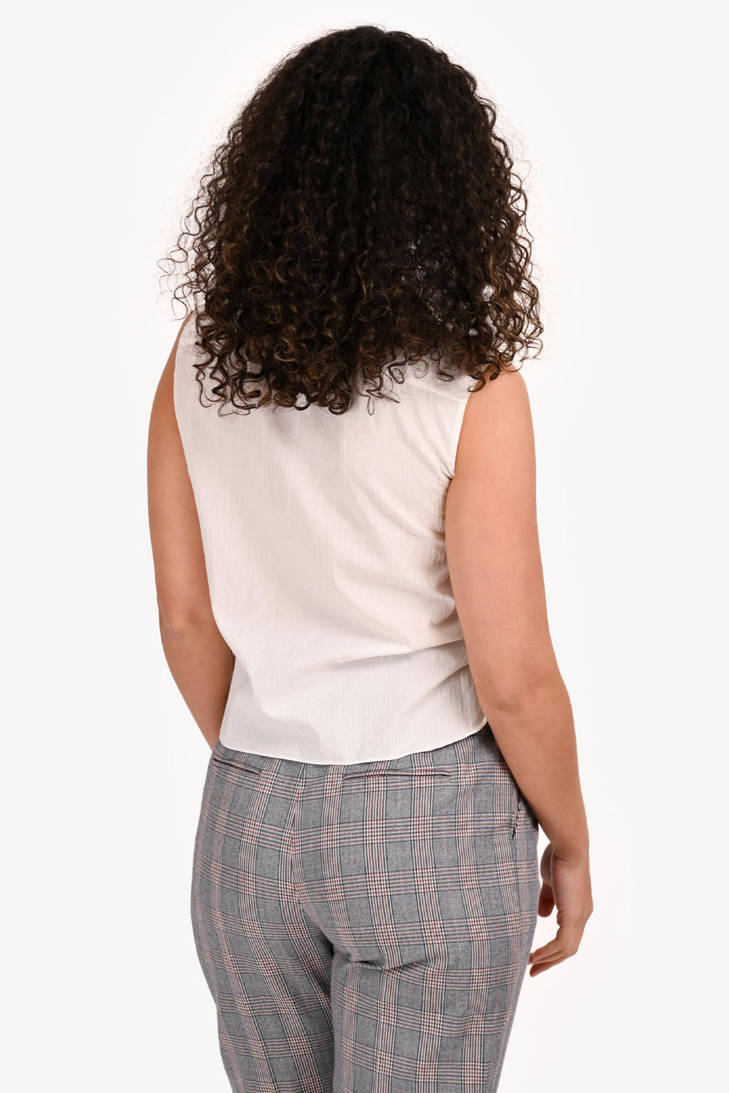 Pre-Loved Chanel™ White Silk Sheer Striped Sleeveless Button-Down Top Size 38