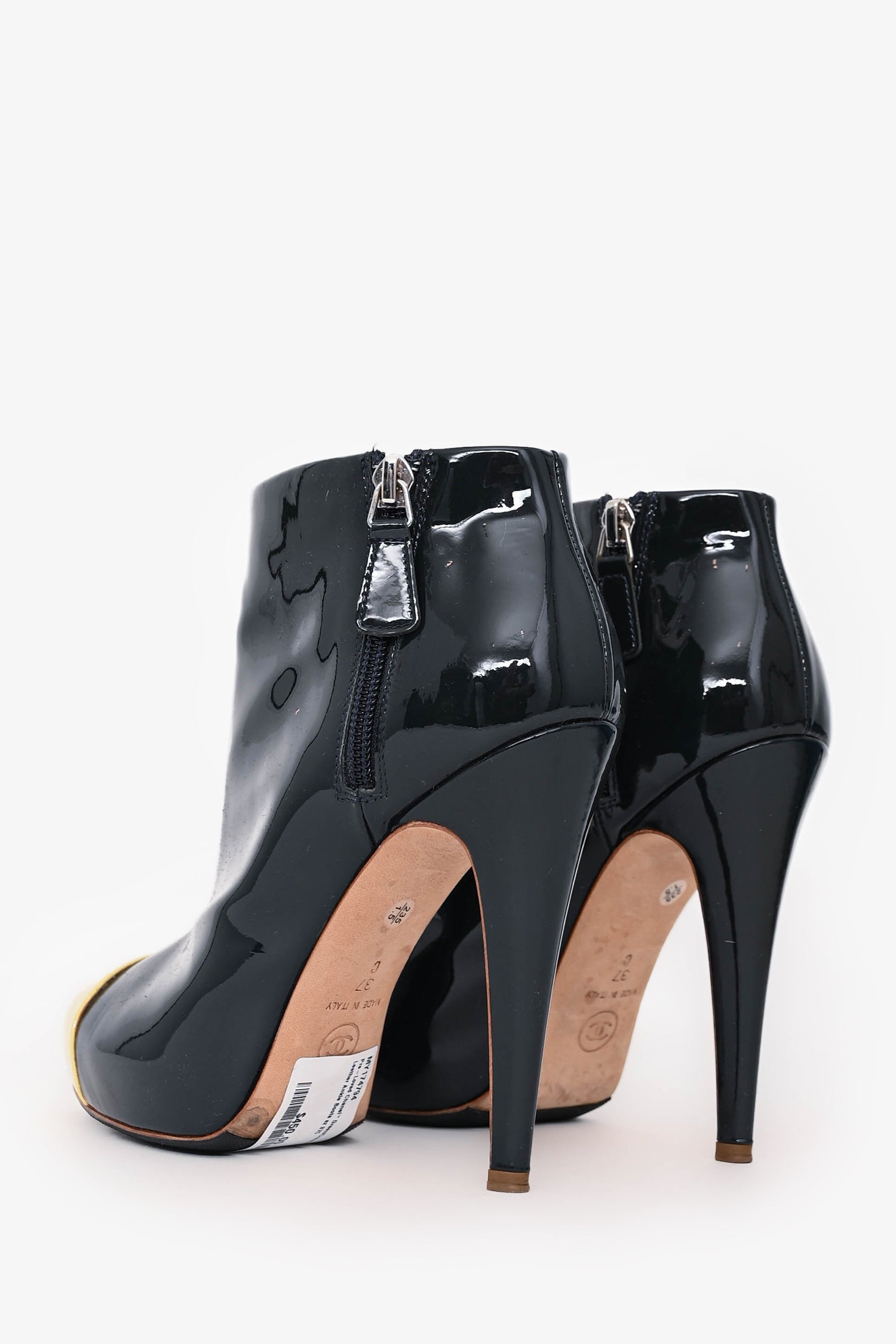 Pre-Loved Chanel™ Green/Cream Patent Leather Ankle Boots Size 37C