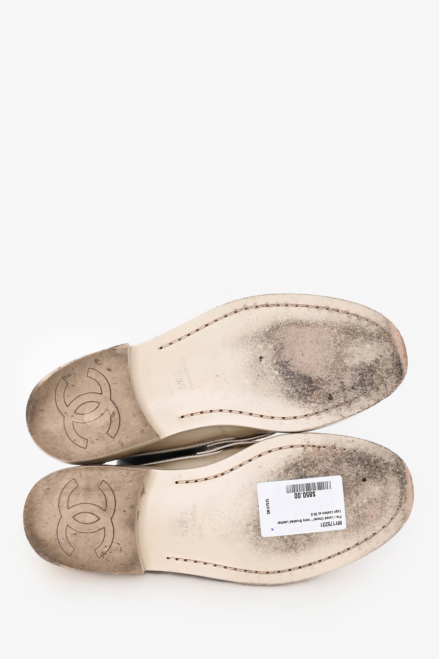 Pre-Loved Chanel™ Ivory Brushed Leather Logo Loafers Size 35.5