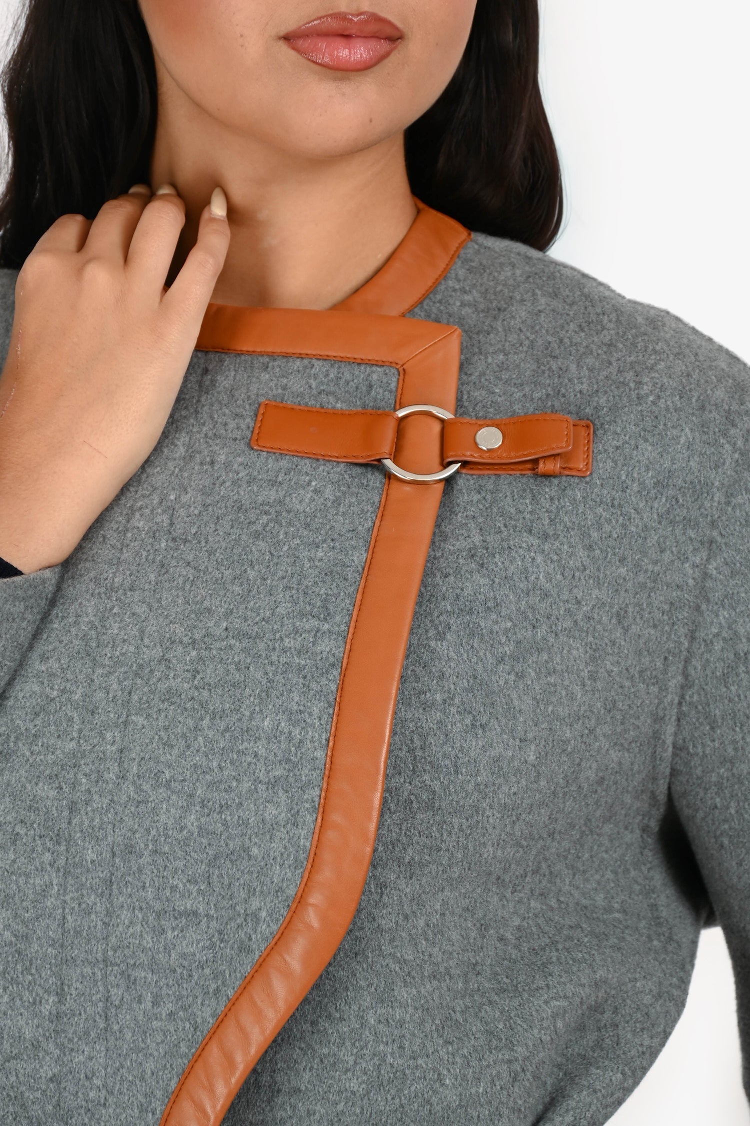 Hermès Grey Cashmere Brown Leather Detail Belted Midi Coat Size 38