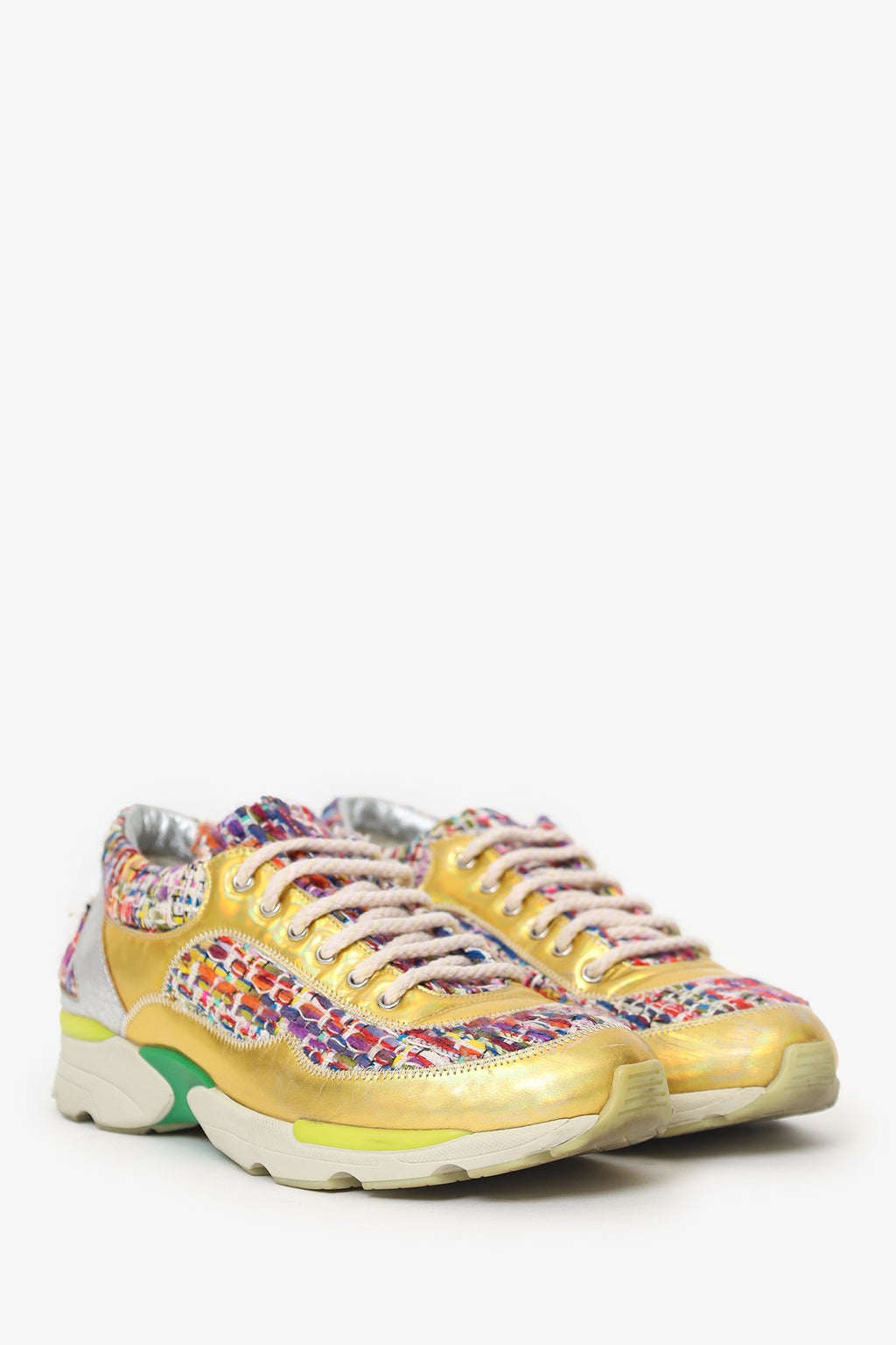Pre-Loved Chanel™ Red/Green Tweed Gold Metallic Sneakers Size 36