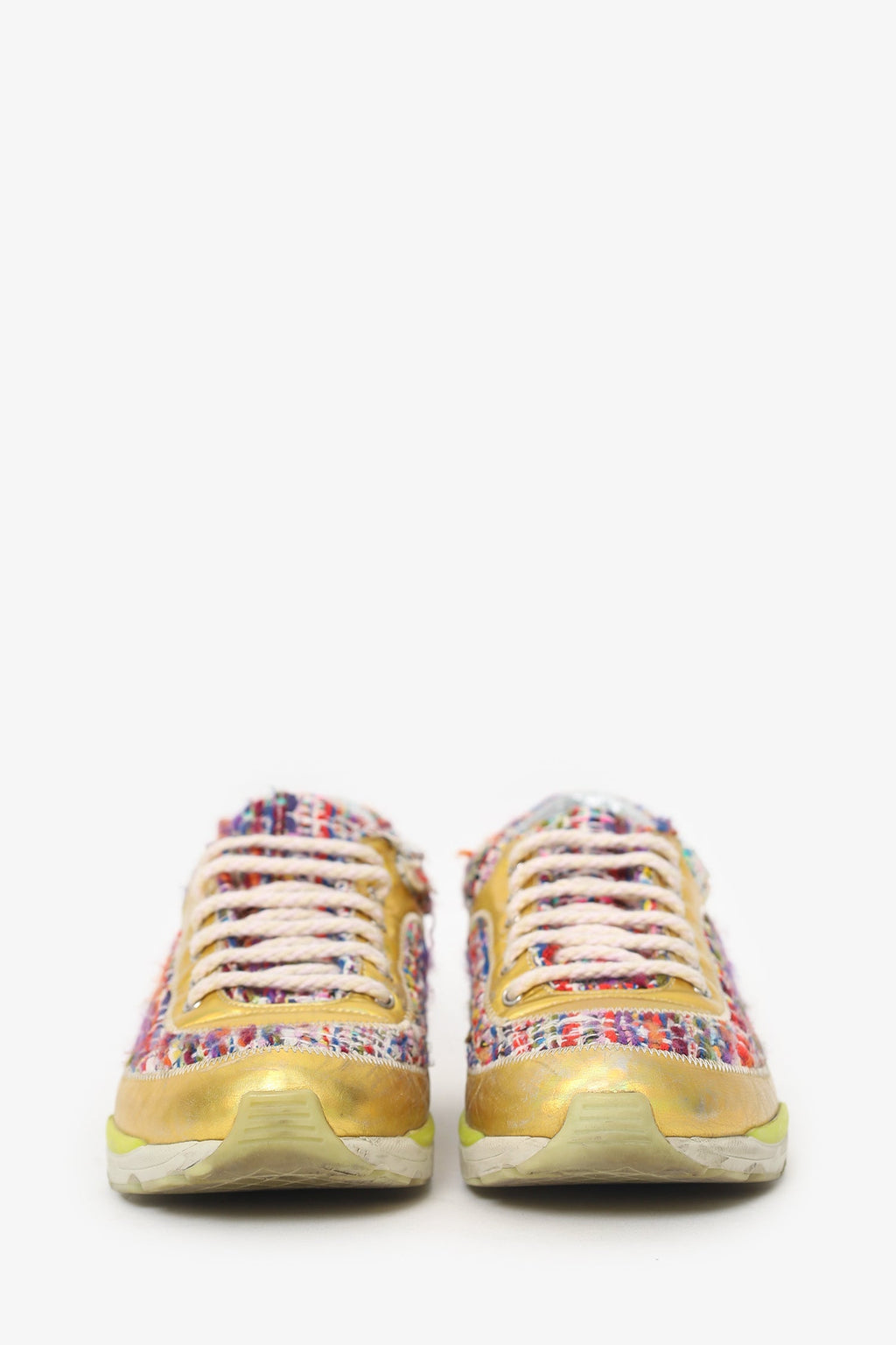 Pre-Loved Chanel™ Red/Green Tweed Gold Metallic Sneakers Size 36