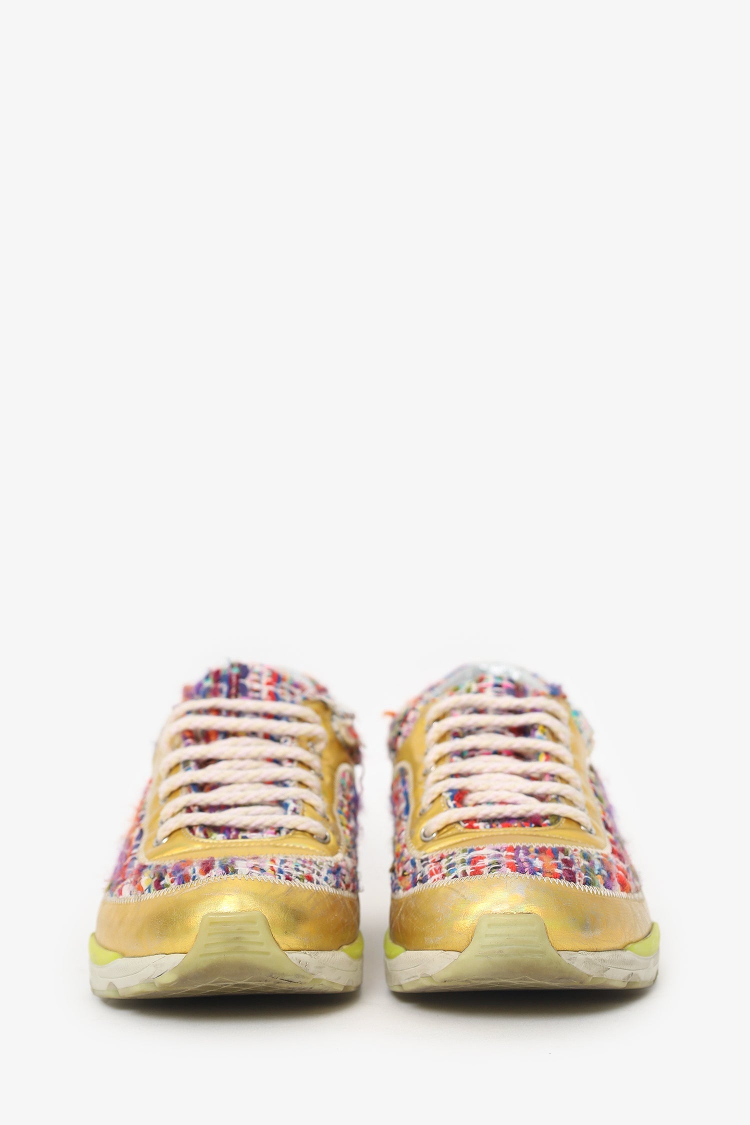 Pre-Loved Chanel™ Red/Green Tweed Gold Metallic Sneakers Size 36